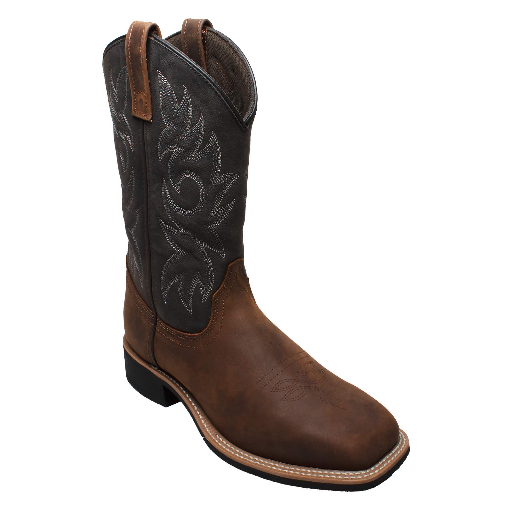 **Men's Western Cowboy Boots - Brown Crazy Horse Leather, Row Welt Stitching, Wood Effect Heel, Cushioned Insole & Oil-Resistant Outsole | Perfect for Rodeo, Country Dancing & Outdoor Work**