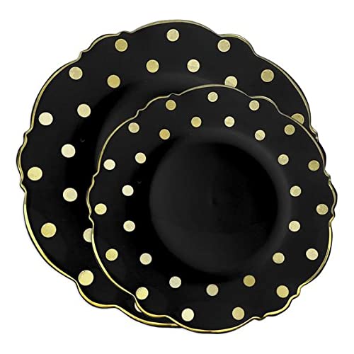 Elegant Black Plastic Plates with Gold Rim Dots Design - 240-Piece Disposable Dinnerware Set (120 Dinner Plates & 120 Salad Plates) for Weddings, Birthdays, Parties & Special Occasions - Perfect for Catering, Outdoor Events & Elegant Gatherings