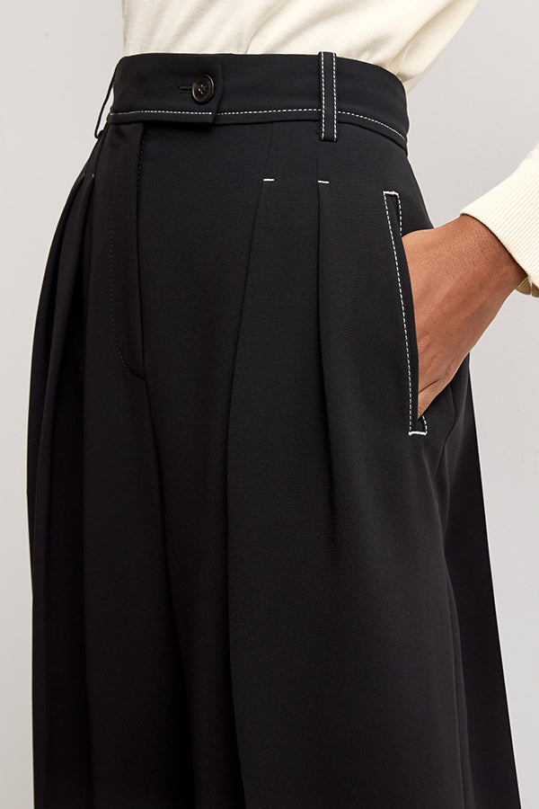 Bia Pleated Trousers for Women - High Waist Everyday Crepe Pants with Topstitch Detail - Comfortable Office Work Pants - Black - Perfect for Business Casual & Professional Wear