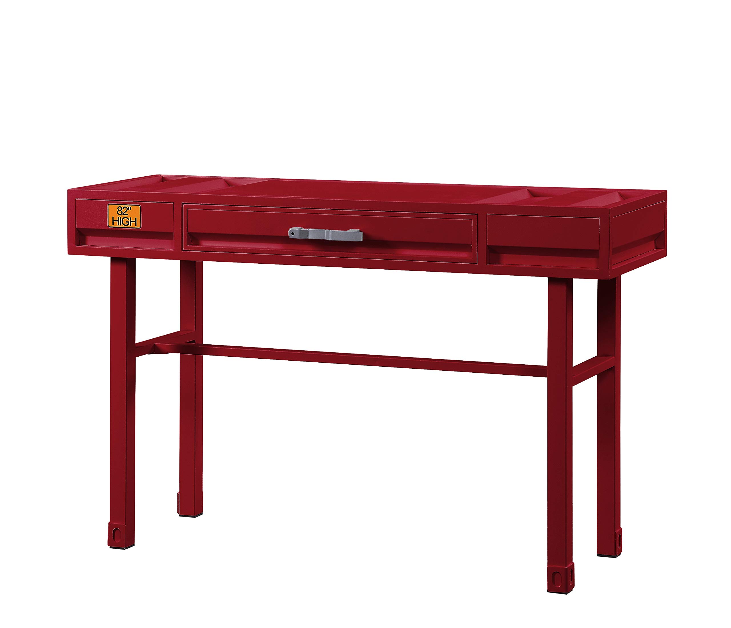 Benjara Red Industrial Style Metal and Wood 1-Drawer Vanity Desk - Compact Makeup Dressing Table for Small Spaces, Bedroom & Apartment