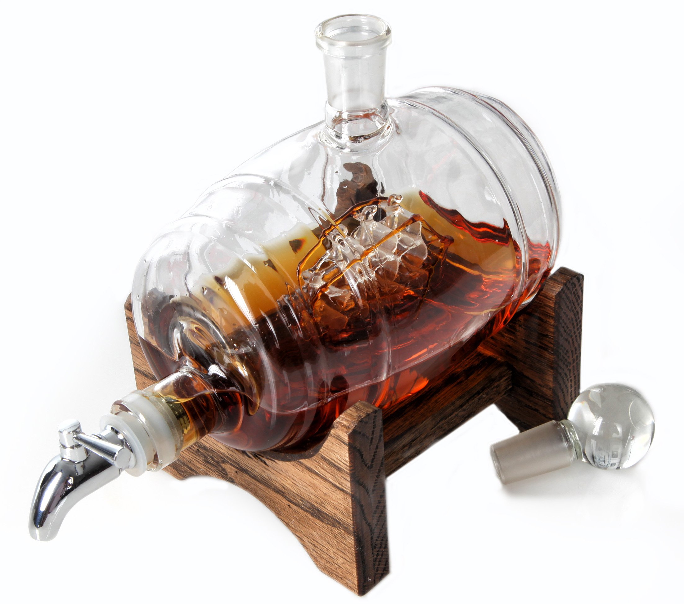 Bourbon Barrel Whiskey Decanter with Ship Design - 1000ml Glass Liquor Dispenser - Nautical Decor & Unique Gift for Men, Women, Whiskey Lovers - Perfect for Home Bar, Retirement Gifts, Sailing & Boating Enthusiasts (Tomoka Gold)