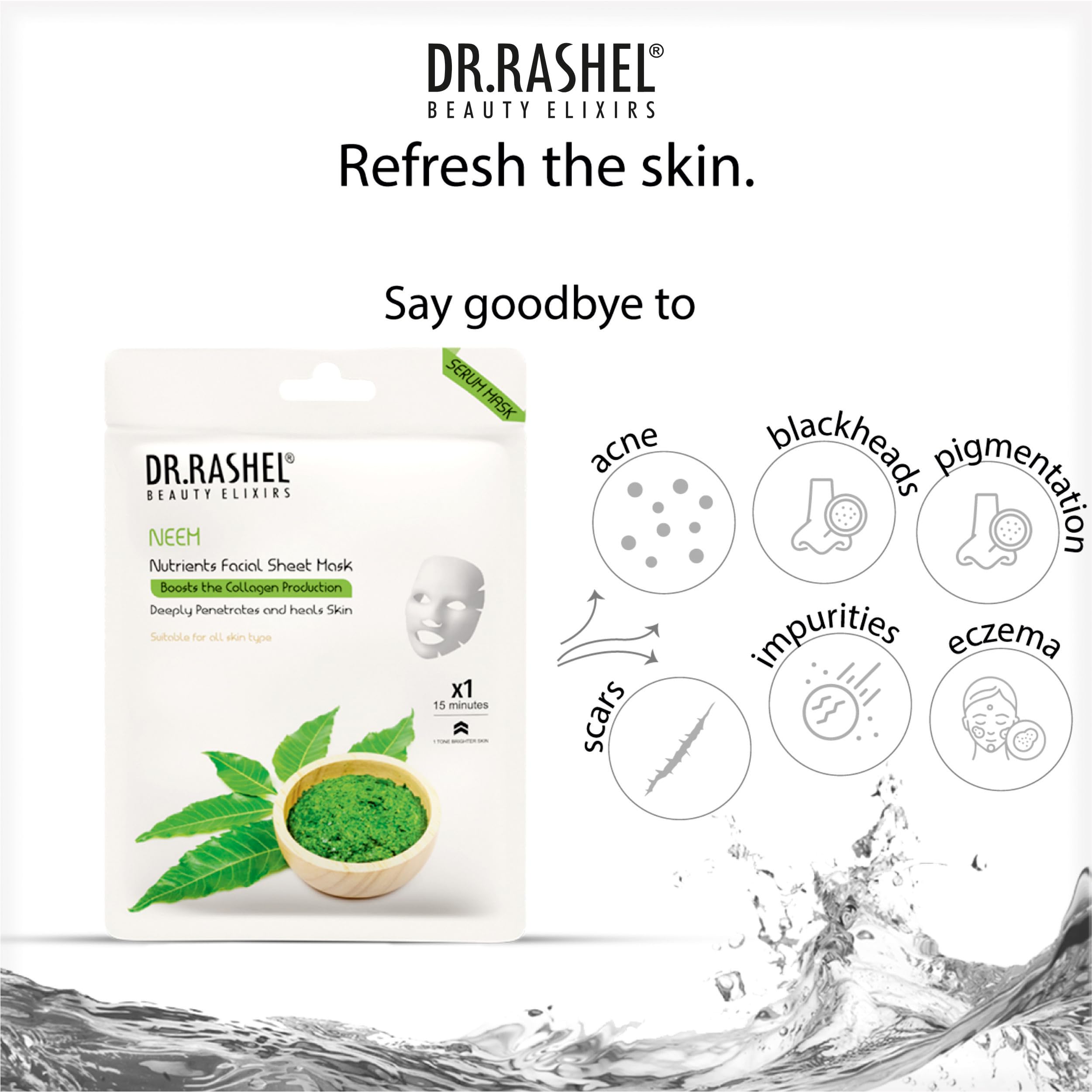 DR.RASHEL Neem Face Sheet Mask with Serum for Women & Men - All Skin Types | Deep Cleansing, Oil Control & Skin Repair | Hydrating & Nourishing Treatment | Paraben-Free | Pack of 4 (20g Each) | Perfect for Acne-Prone Skin & Daily Skincare Routine