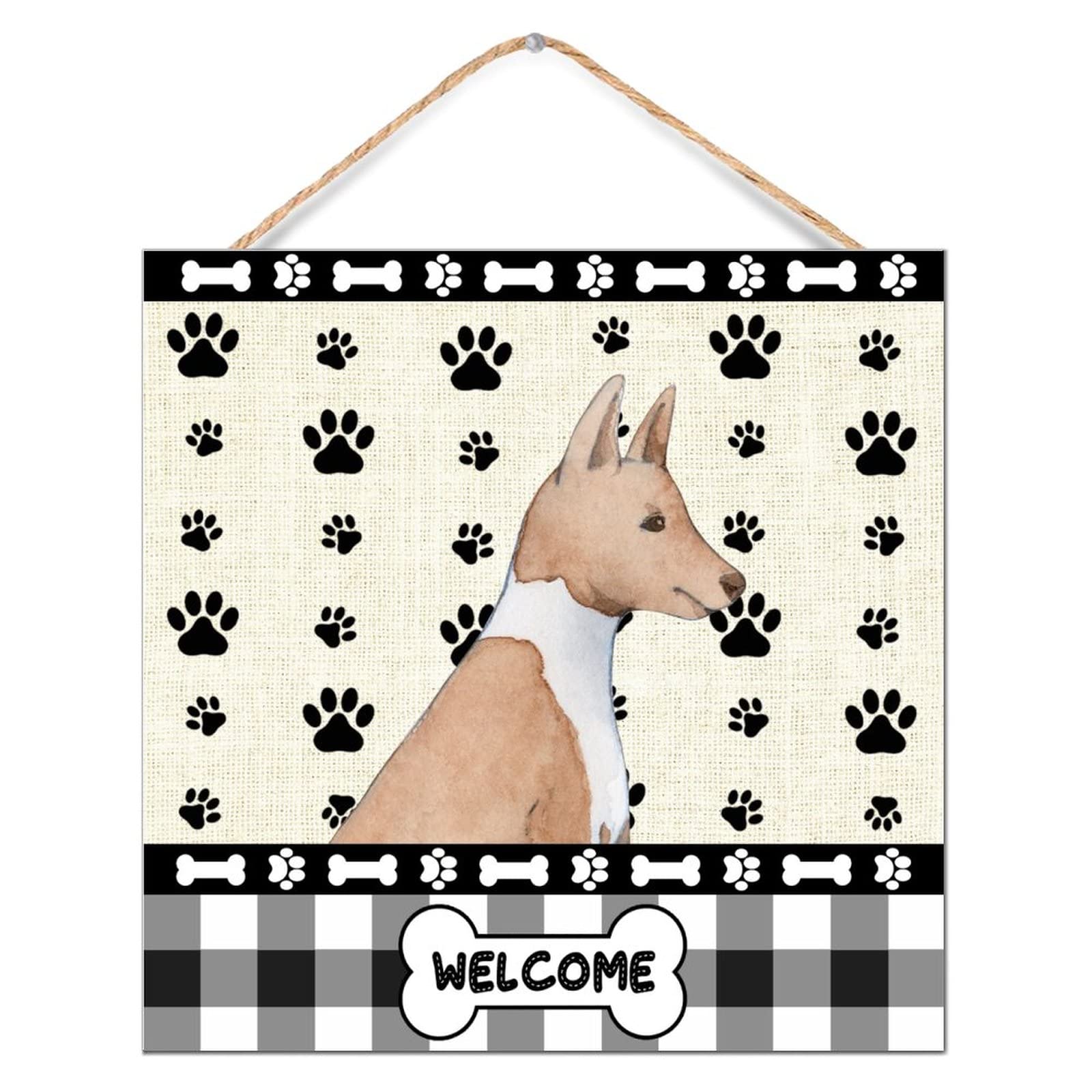 Rustic Wood Signs 8x8 Inch - Basenji Dog Paw Welcome Plaque, Farmhouse Wall Art Decor for Kitchen, Dining Room & Entryway - Perfect for Pet Lovers & Home Decor Gifts