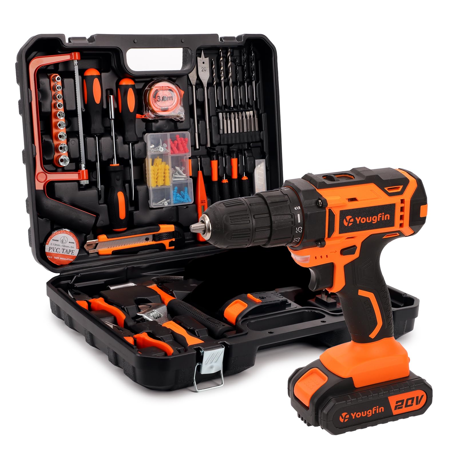 Yougfin 20V Cordless Drill Set Combo Kit - 114 Piece Power Tool Kit with 2 Batteries & Charger, Household Hand Tools for Men - Perfect for Home Office Repairs, DIY Projects & Improvement Tasks