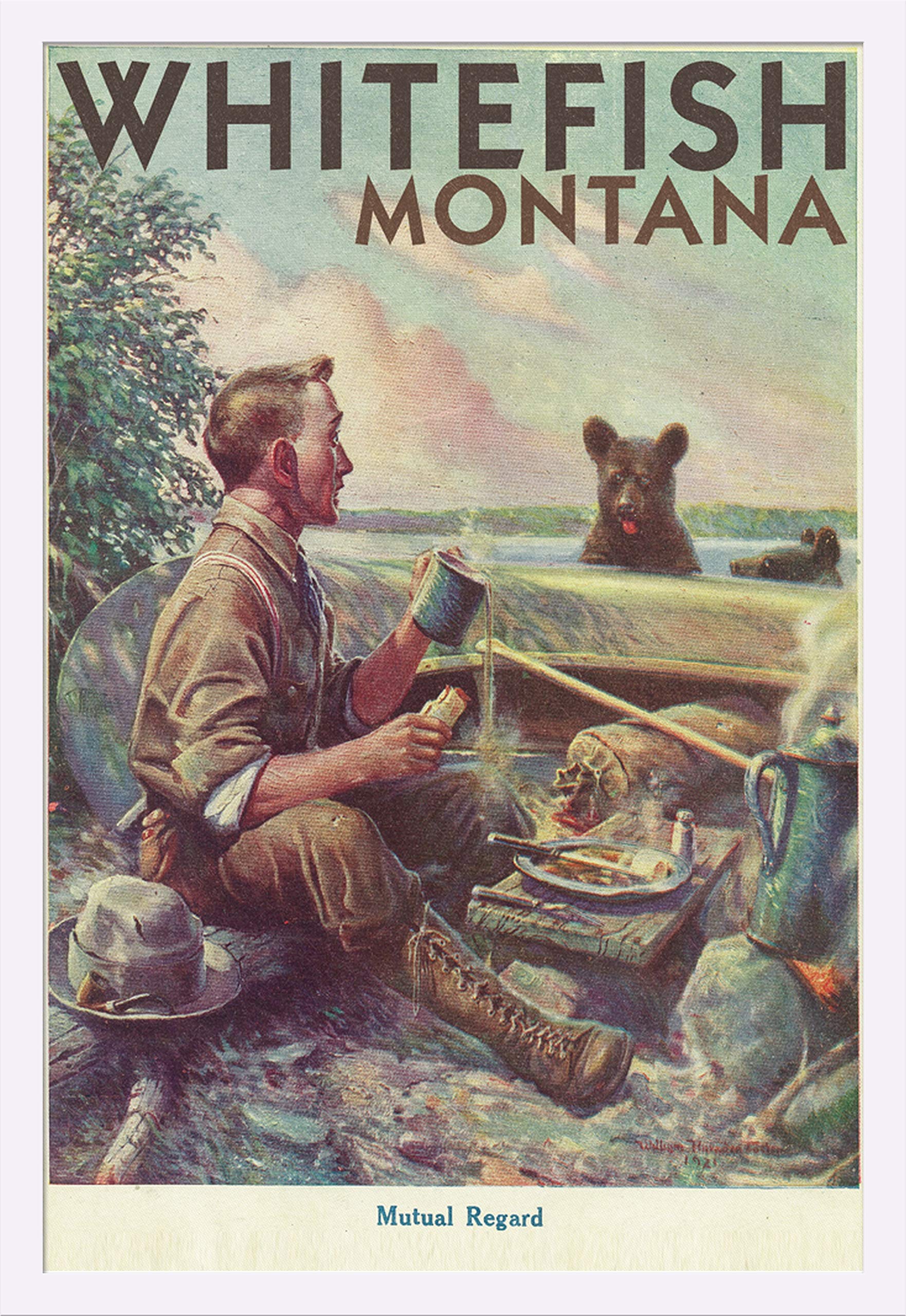 Whitefish Montana Man Cooking Breakfast at Camp - 24x36 Giclee Art Print Gallery Framed in White Wood | Rustic Cabin Decor, Western Wall Art, Camping Enthusiast Gift, Lodge Style Home Decoration