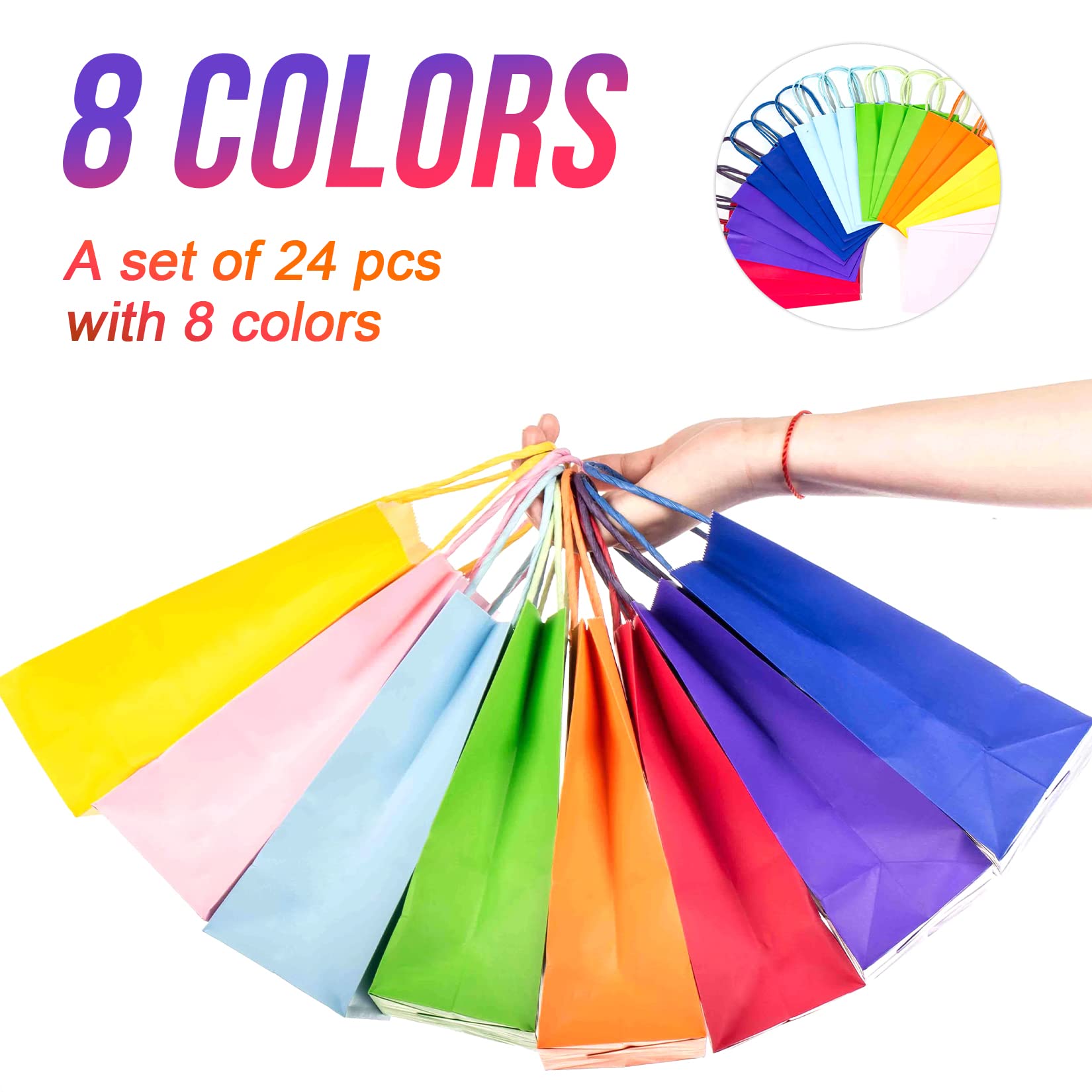 24-Pack Kraft Paper Gift Bags with Handles - 8 Rainbow Colors Small Party Favor Bags (5.1x3.1x8.2 Inch) for Candy, Goodies - Perfect for Kids Birthday, Baby Shower, Christmas, Wedding & Holiday Celebrations