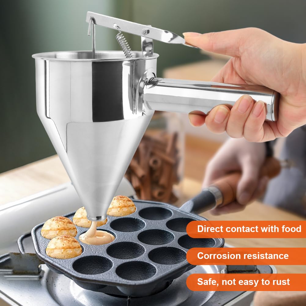 Stainless Steel Pancake Batter Dispenser with Squeeze Handle & Stand - 1200ml Funnel Cake & Takoyaki Balls Tool for Pancakes, Cupcakes, Donuts, Waffles - Perfect for Breakfast, Desserts & Party Cooking