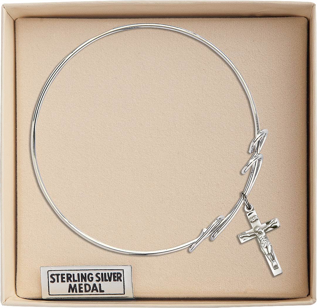 Sterling Silver Round Double Loop Bangle Bracelet with Crucifix - Elegant Religious Jewelry for Women, Perfect for Church, Weddings & Everyday Wear