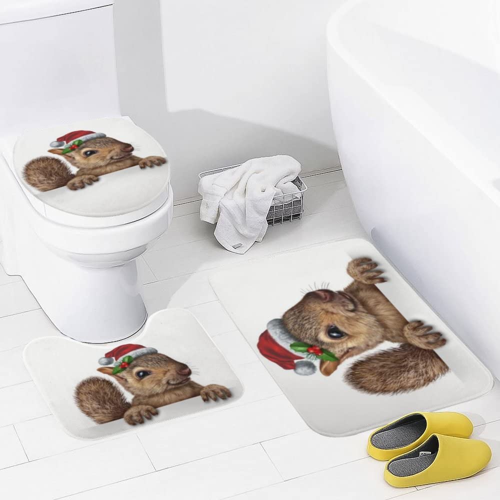3-Piece Christmas Squirrel Bath Rug Set - Anti-Slip Absorbent Bath Mats with Red Hat Design, Toilet Lid Cover & U-Shaped Contour Rug - Machine Washable for Holiday Bathroom Decor