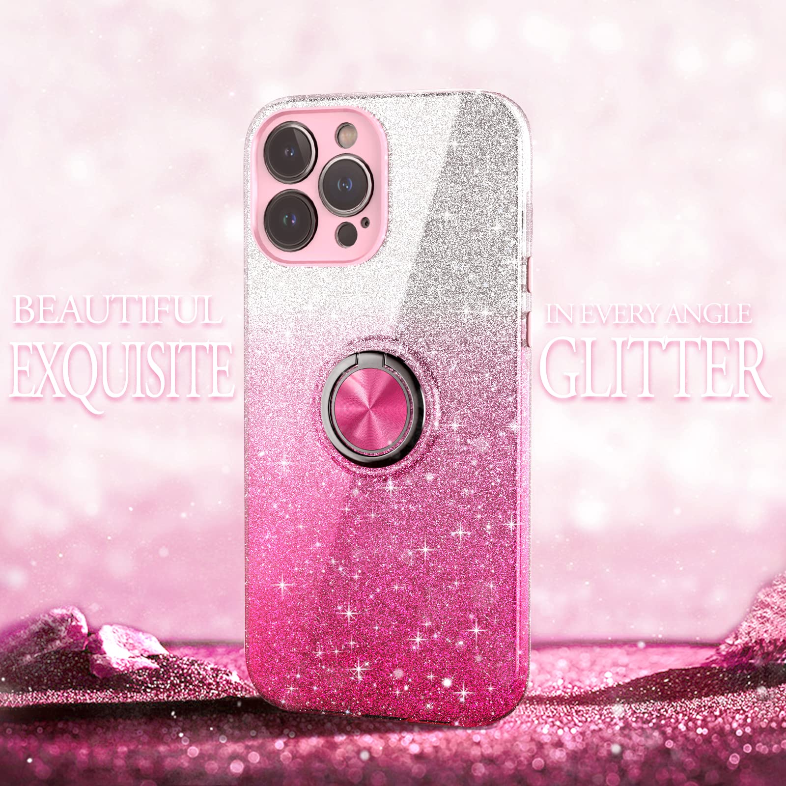 Sparkly Glitter iPhone 12 Pro Max Case with 360° Ring Holder & Magnetic Car Mount | Slim Shock-Absorbent Protective Cover for Women (6.7