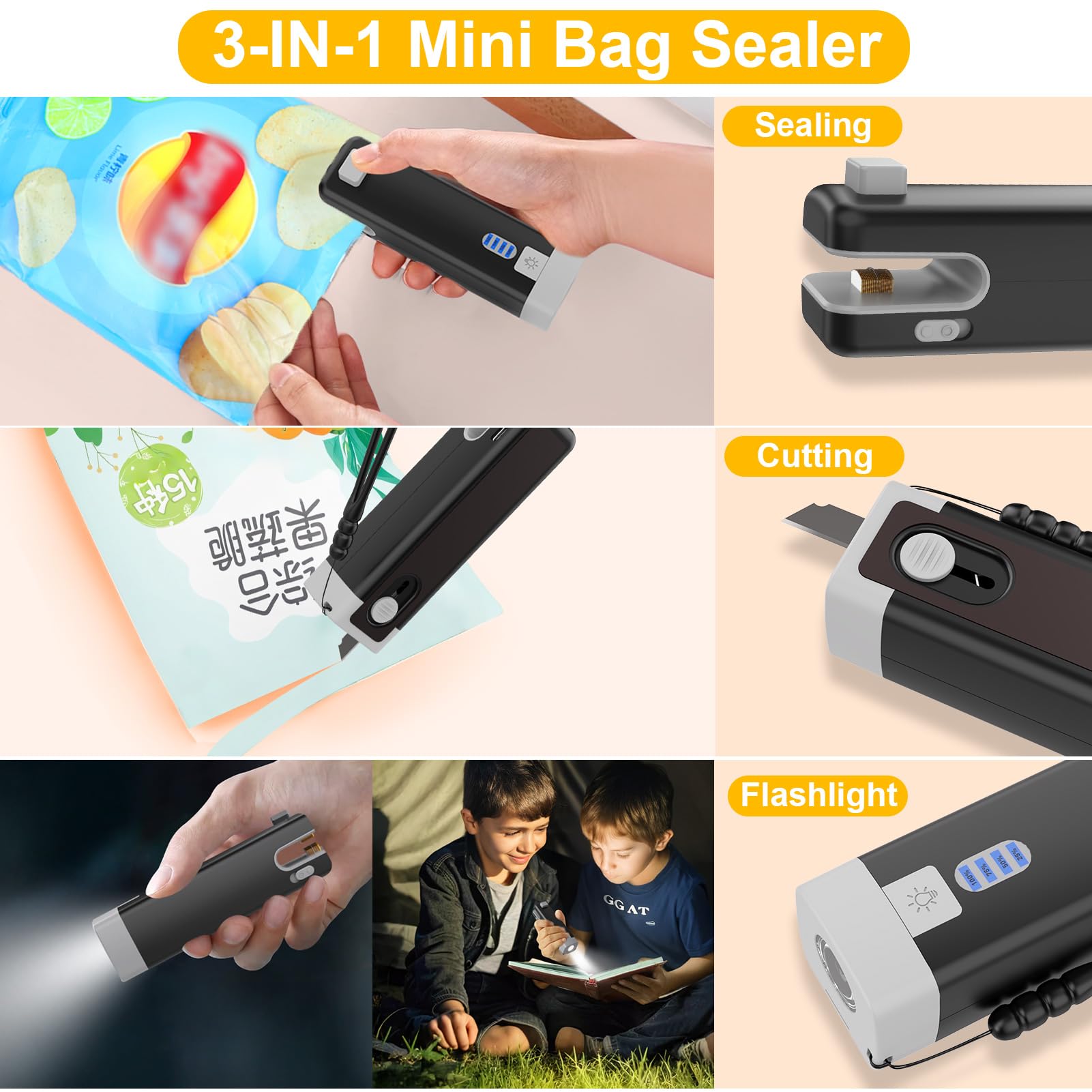 USB C Rechargeable Mini Bag Sealer with Cutter - Portable Heat Sealer for Plastic Bags, Food Storage & Snacks - Compact Chip Resealer for Kitchen, Travel & Camping (Black)