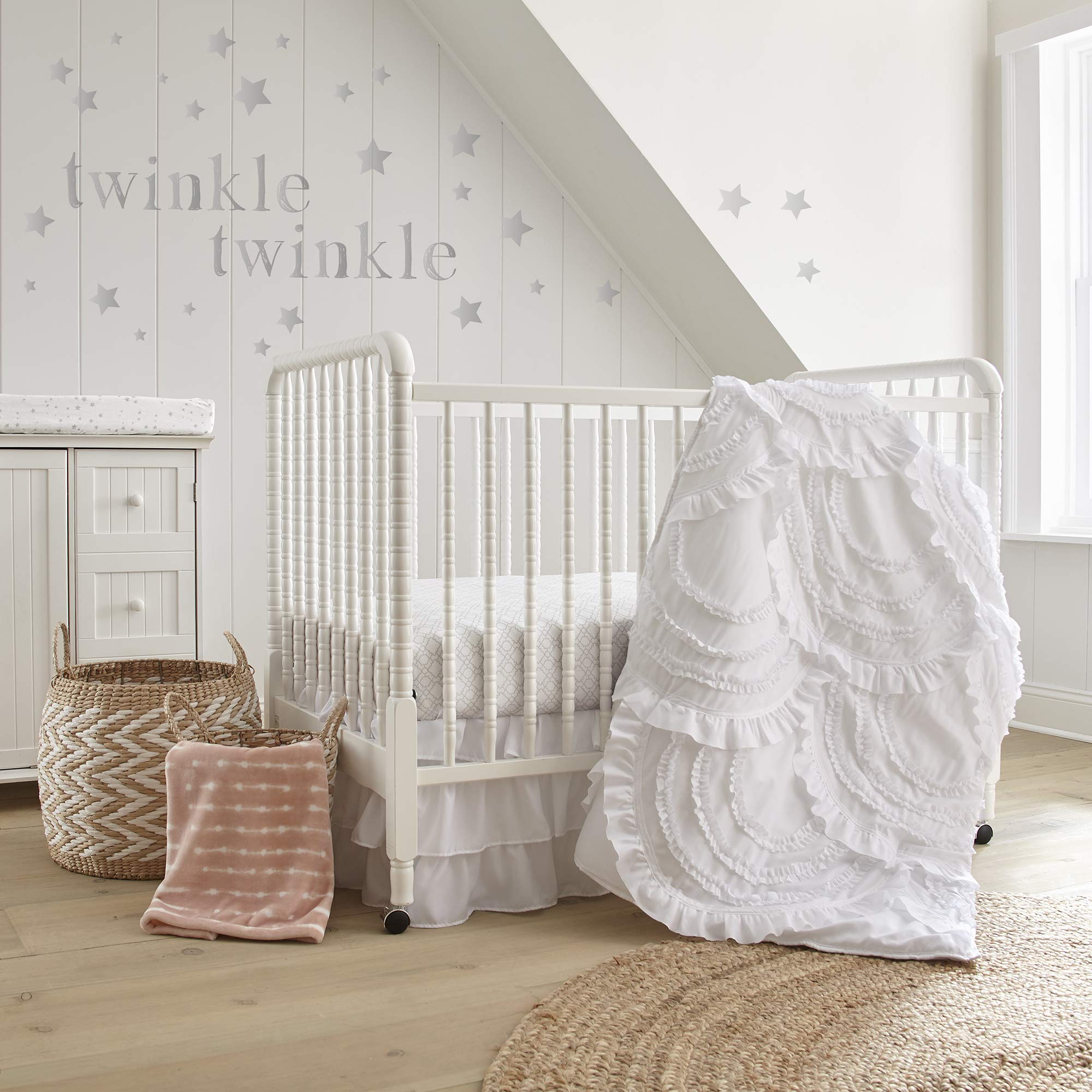 Levtex Baby Skylar 4-Piece Crib Bedding Set - White Soft Cascading Ruffles Quilt, Fitted Sheet, Wall Decal & Crib Skirt - Luxury Nursery Decor for Girls & Boys - Perfect for Baby Showers & Newborn Gifts
