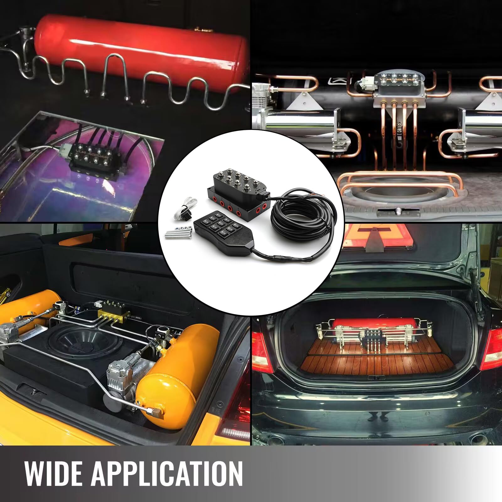 12V Air Ride Suspension Manifold Kit with 8 Solenoid Valves & 1M 9-Switch Wired Remote Controller - Perfect for Air Bag Inflation/Deflation in Custom Cars, Trucks, and Lowrider Vehicles