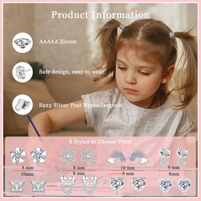 925 Sterling Silver Earrings for Women & Girls - 8 Pairs Hypoallergenic Cubic Zirconia Stud Earrings Set, Safe for Sensitive Ears, Perfect for Teens Ages 3-18 - Ideal for Daily Wear, School, Parties & Gifts