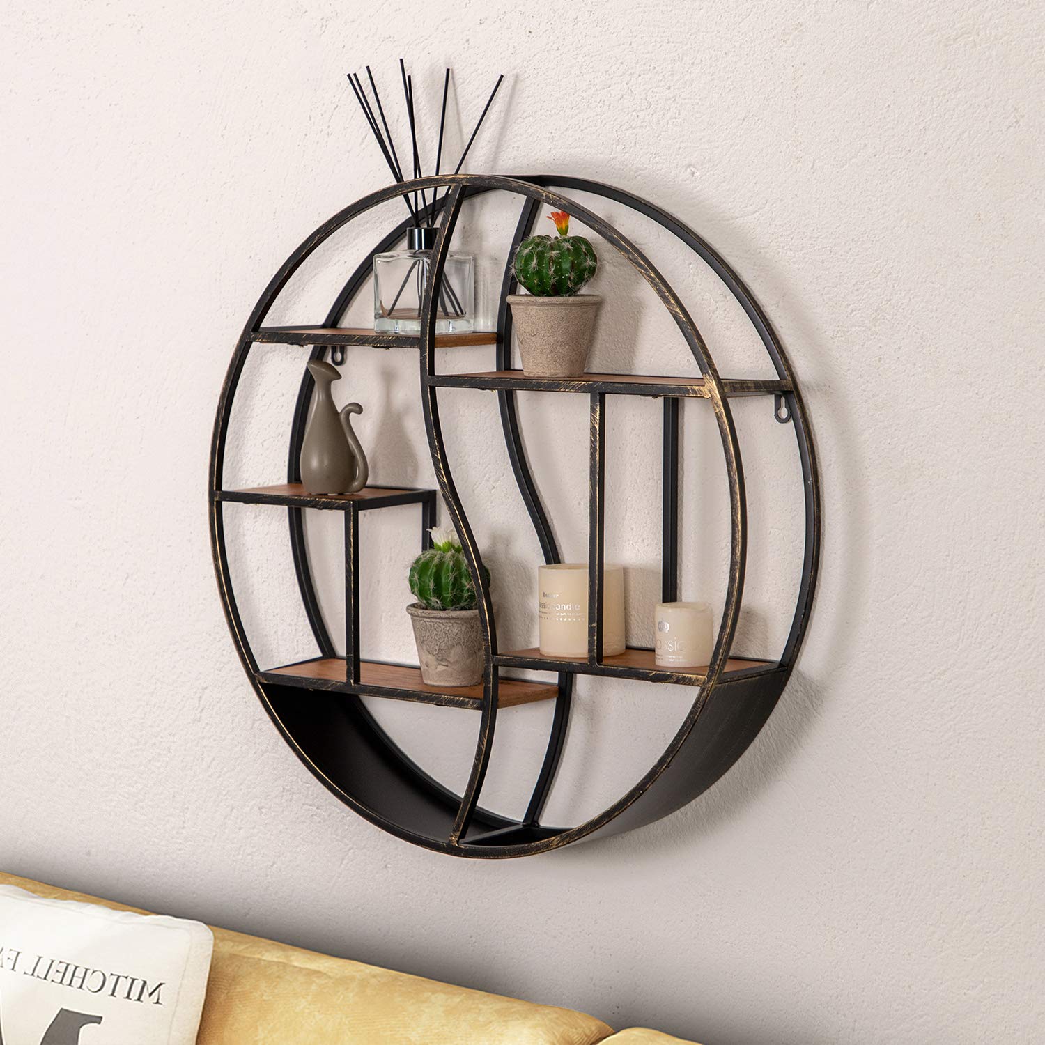 24 Inch Round Wall Shelf - Rustic Metal & Wood Floating Shelf for Fireplace, Living Room, Bathroom Decor | Wall Mounted Display Organizer for Home, Office & Dorm Room Decorating