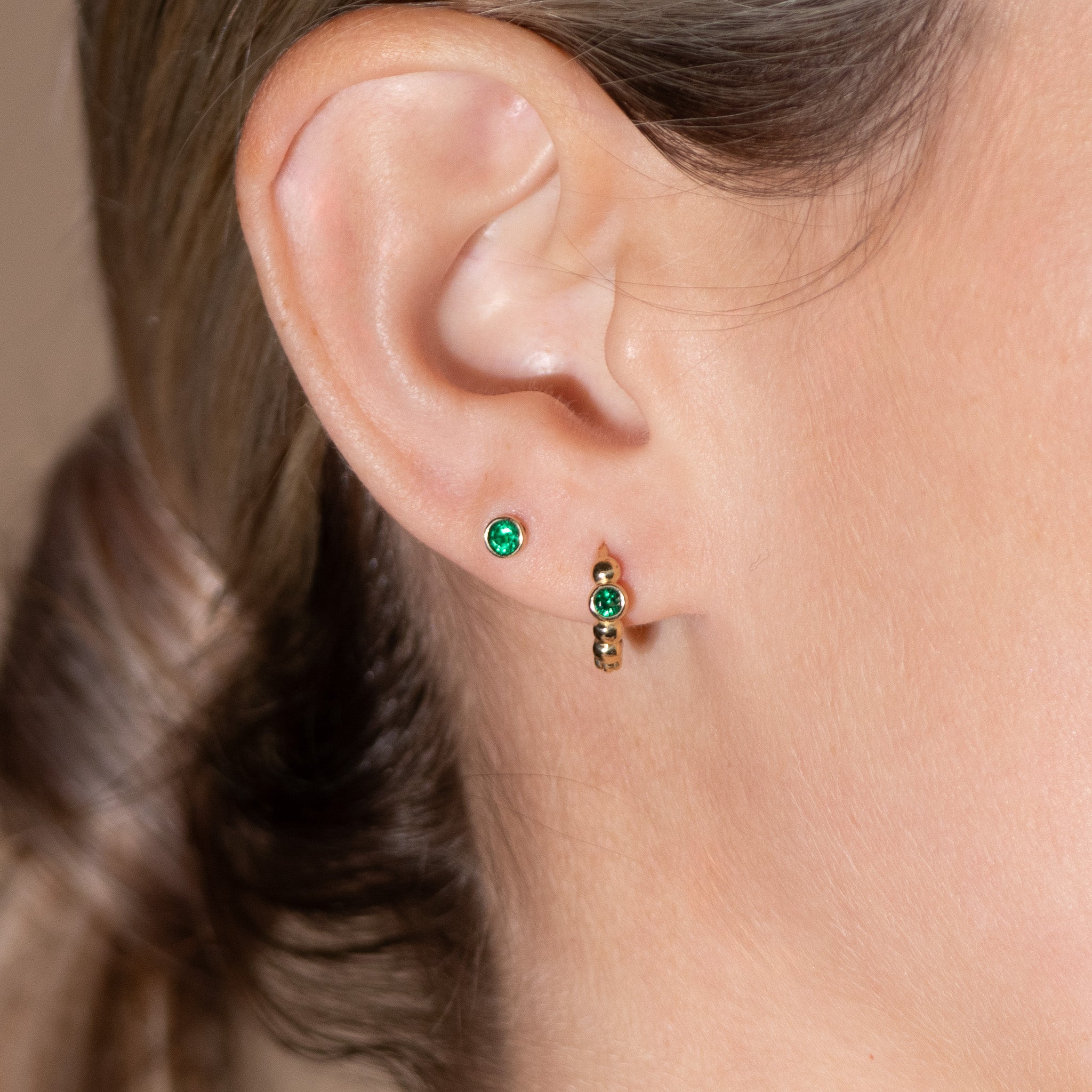 14K Solid Yellow Gold Emerald Beaded Hoop Earrings – Elegant Jewelry for Women, Perfect for Parties, Weddings & Everyday Wear