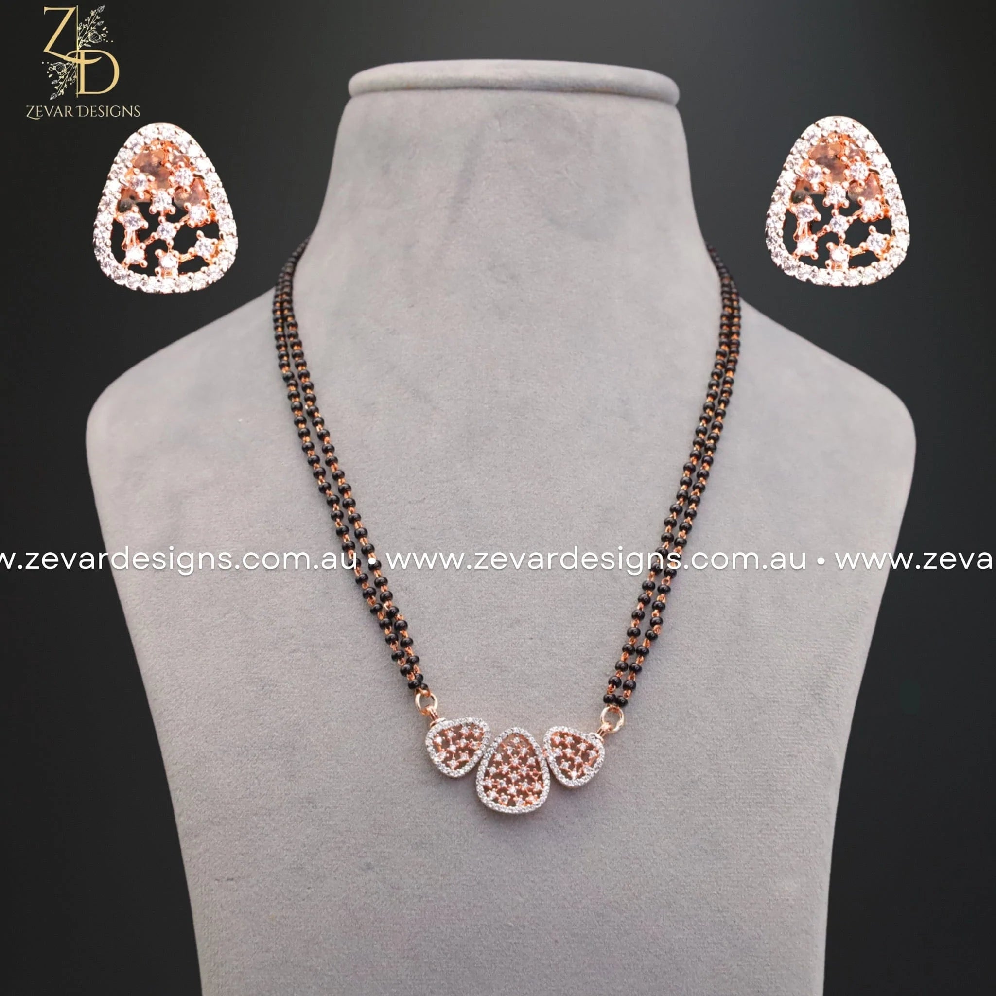 Zircon Mangalsutra & Earrings Set in Rose Gold - Elegant Indian Bridal Jewelry for Weddings & Special Occasions