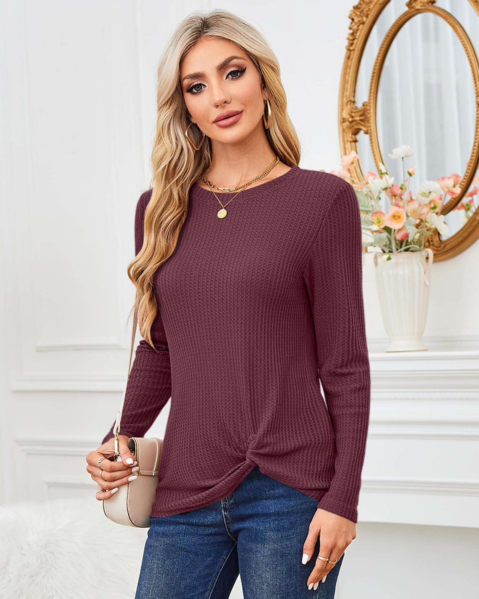 MISFAY Women's Casual Long Sleeve Knit Top with Cute Twist Knot Detail - Soft Waffle Knit Shirt for Fall & Winter, Perfect for Office, Date Night and Everyday Wear