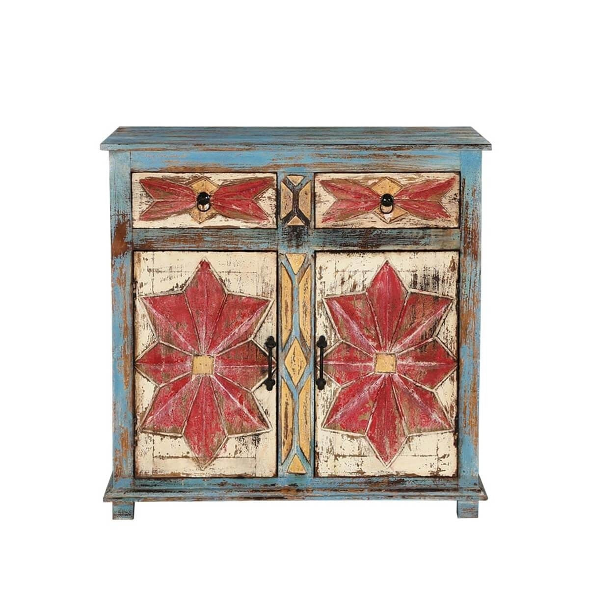 Hand Painted Blue Mango Wood 2 Door 2 Drawer Buffet Cabinet - Stylish Sideboard for Dining Room, Living Room & Entryway Storage