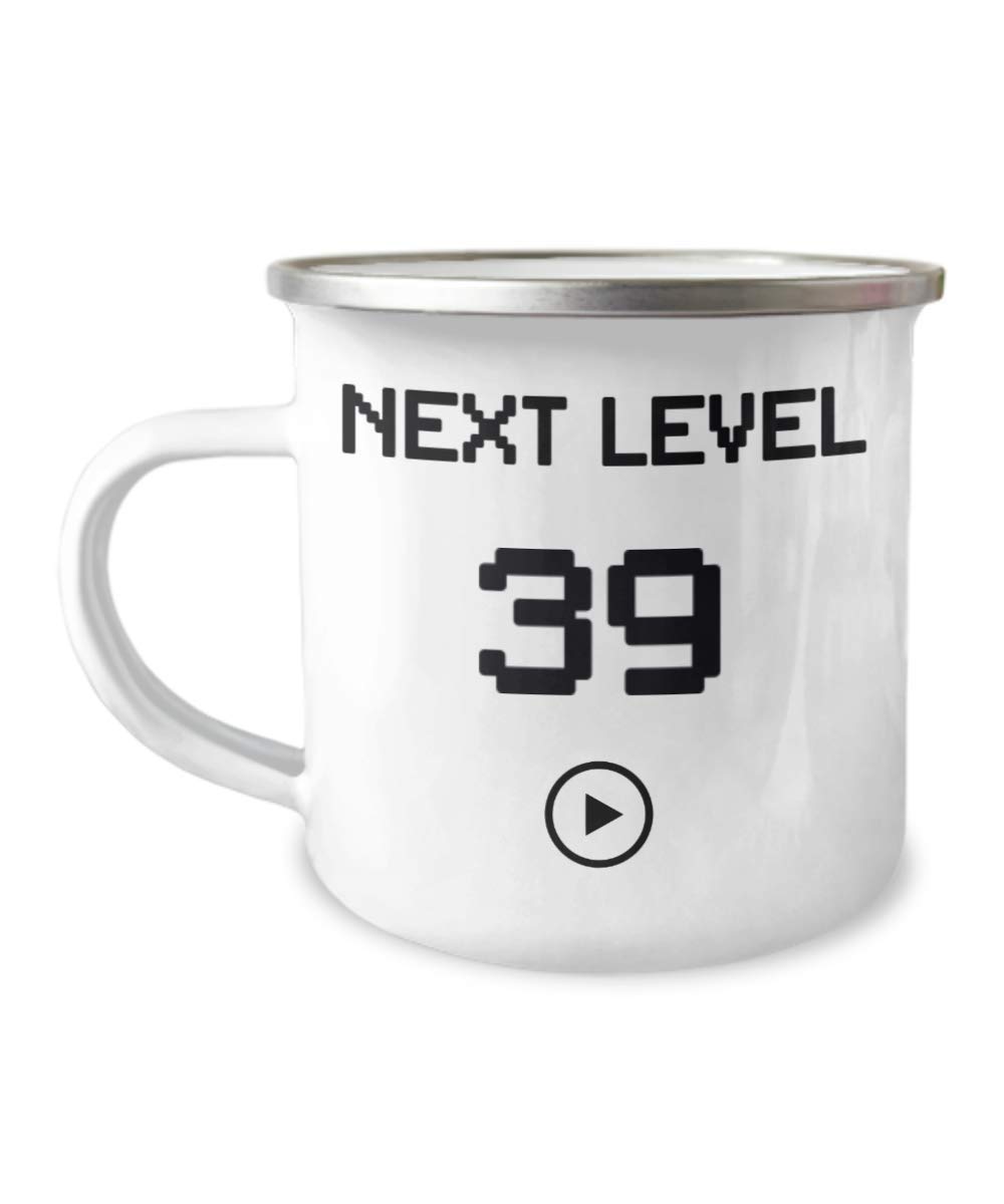 ZapBest 39th Birthday Coffee Mug - Next Level 39 Stainless Steel Gamer Mug (12oz) with White Enamel Finish - Perfect for Camping, Gaming & Birthday Celebrations