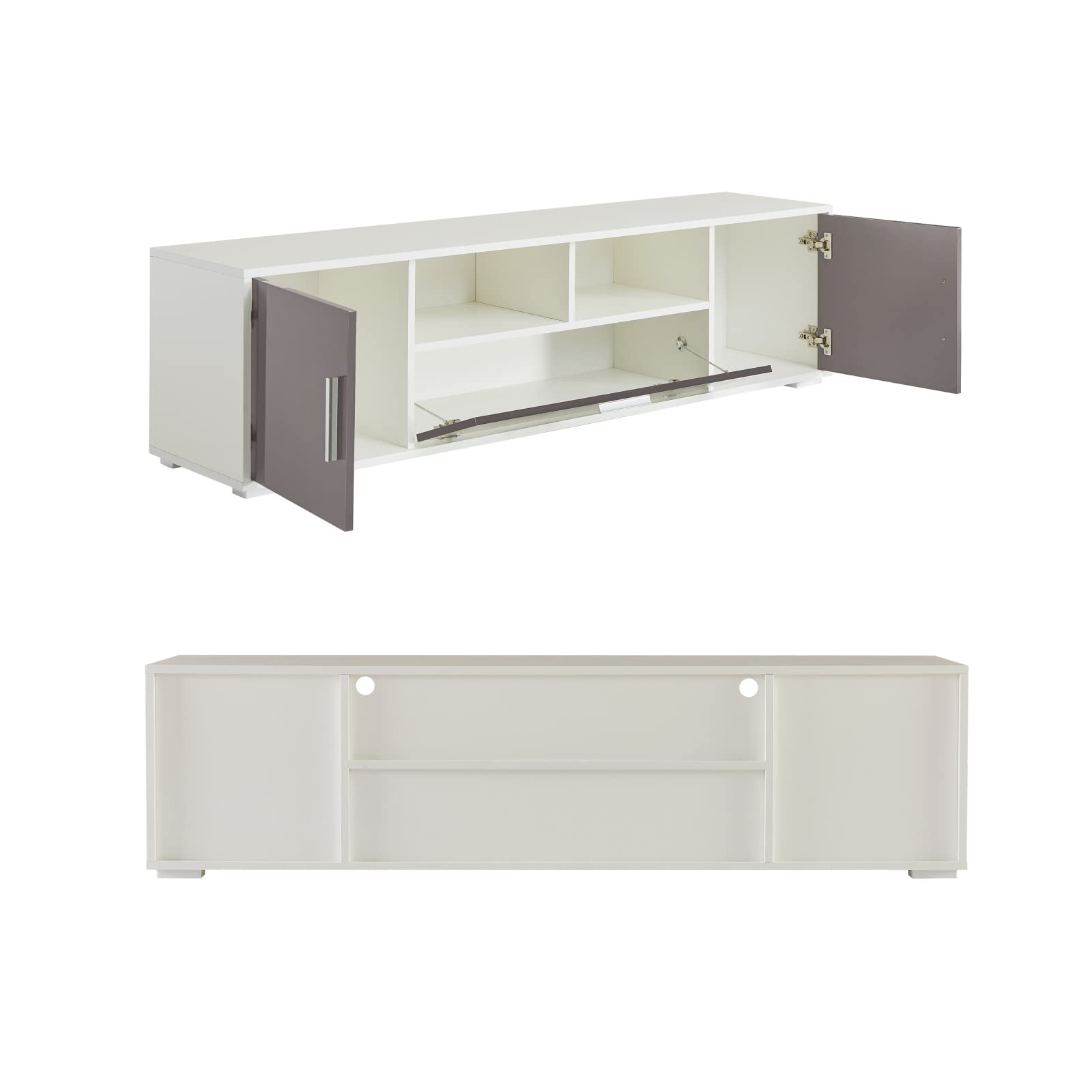 Modern TV Stand with LED Lights & Storage - High Gloss Entertainment Cabinet for 60-70 Inch TVs - Quick 30 Min Assembly - White & Gray TV Console - Perfect for Living Room, Bedroom & Home Theater Setup