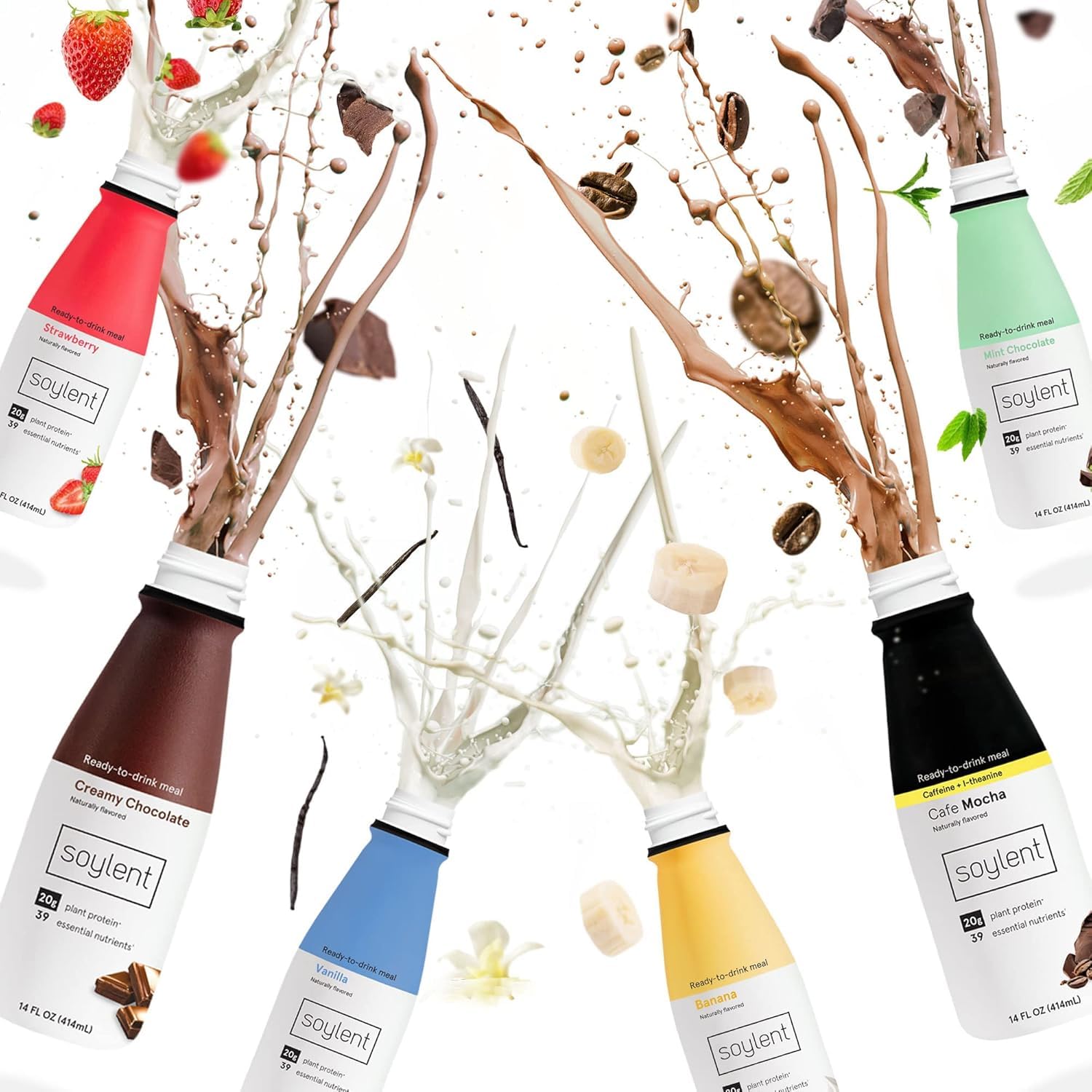 Soylent Meal Replacement Shake Variety Pack - 8 Flavors (Chocolate, Vanilla, Banana, Strawberry, Mint Chocolate, Cafe Chai, Cafe Mocha, Original) - 96 Bottles (14oz Each) - Perfect for Breakfast, Workout Recovery & Busy Lifestyles