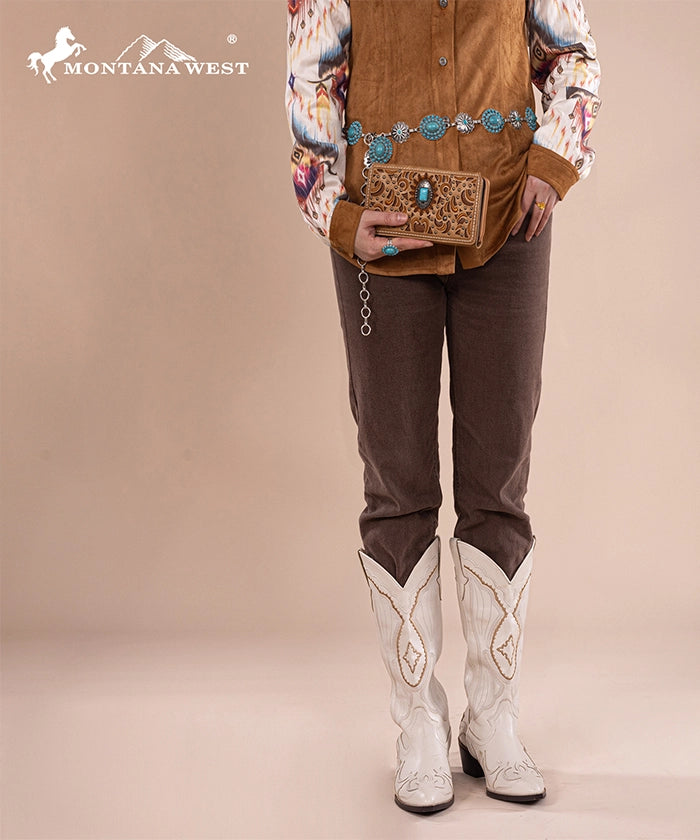 Montana West Cut Out Embroidered Concho Wallet for Women - Western Style Leather Bifold Wallet with ID Window - Perfect for Cowgirl Fashion, Rodeo Events and Everyday Use