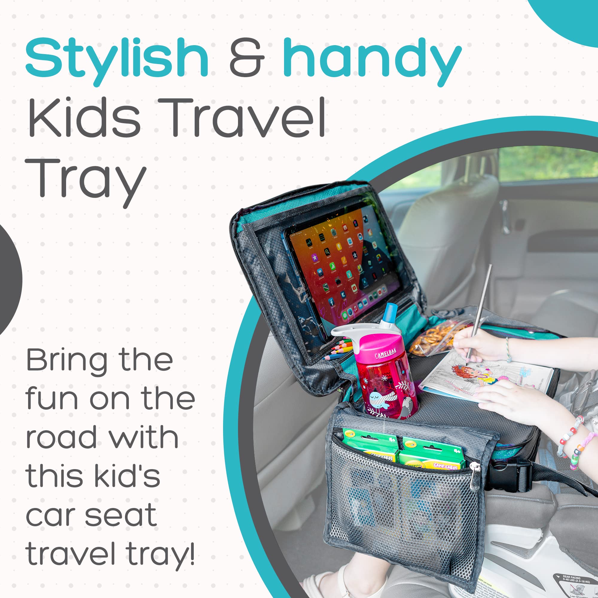 BE Family Travel Kids Car Seat Travel Tray - Portable Snack & Activity Tray for Toddlers - Teal Green Car Accessories for Children - Perfect for Road Trips, Snacks, Toys & Learning Activities