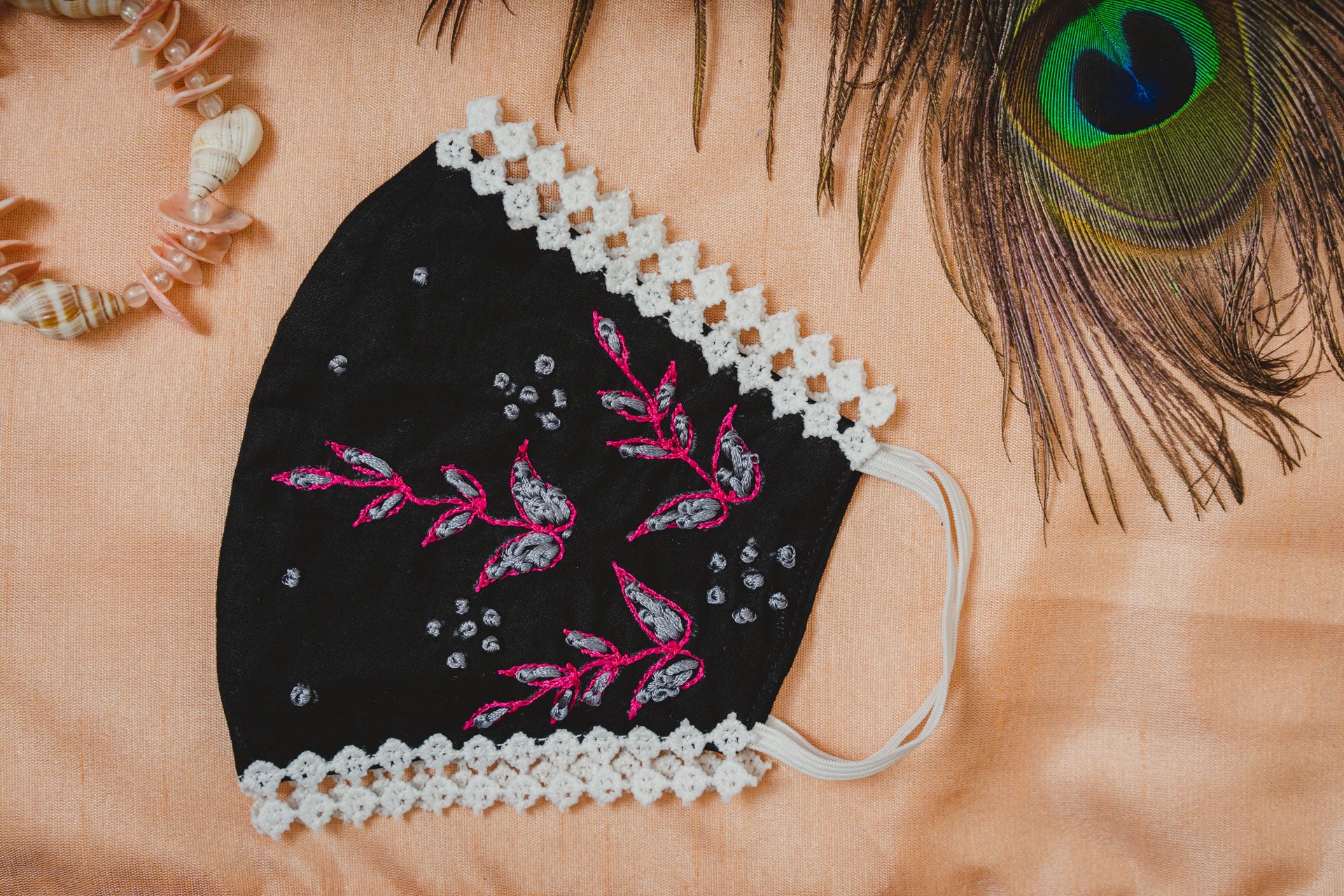 Black Cotton Lace Face Mask with Floral Embroidery - Breathable & Stylish for Daily Wear, Outdoor Activities & Fashion Protection