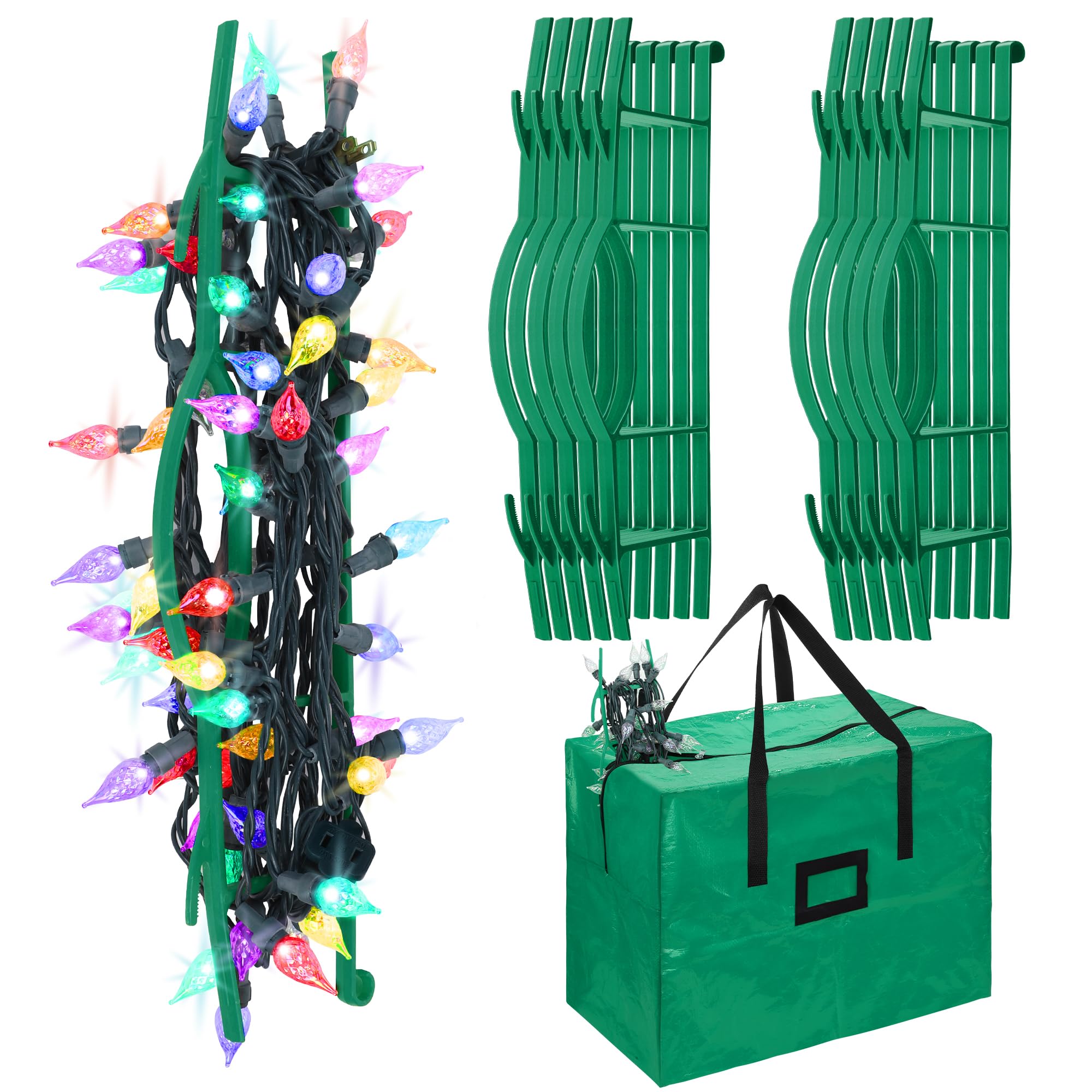 RUODON 12 Pack Christmas Lights Storage Holders with Storage Bag - Cord Organizer for Holiday Decorations (Green) | Holds Up to 164 Feet of Tree Lights, Electric Cords & Garlands | Perfect for Christmas Decoration Storage & Organization