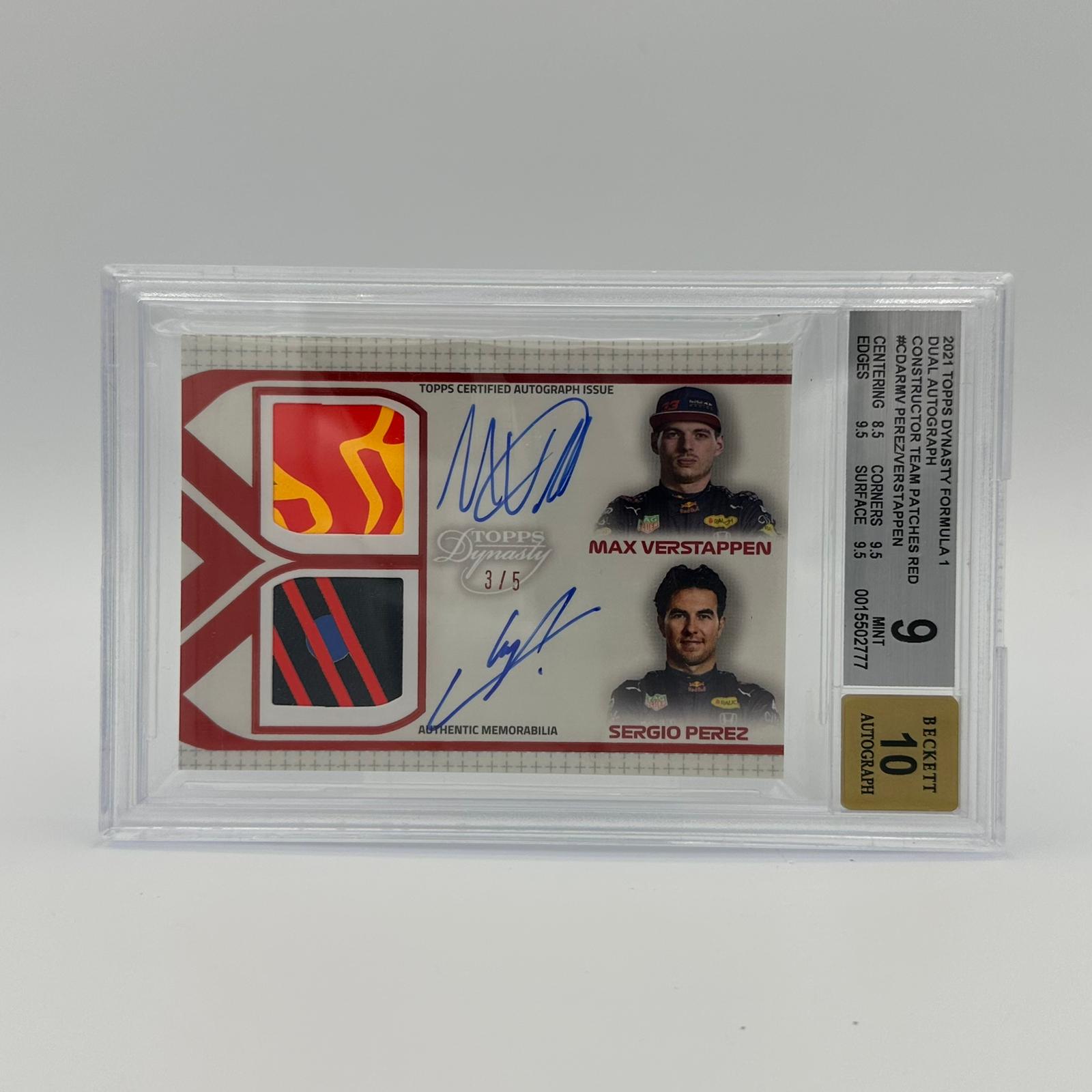 Beckett 9 3/5 Max Verstappen & Sergio Perez Dual Autograph F1 Racing Card with Constructors Team Patches - Perfect for F1 Collectors, Racing Fans, and Sports Memorabilia Enthusiasts