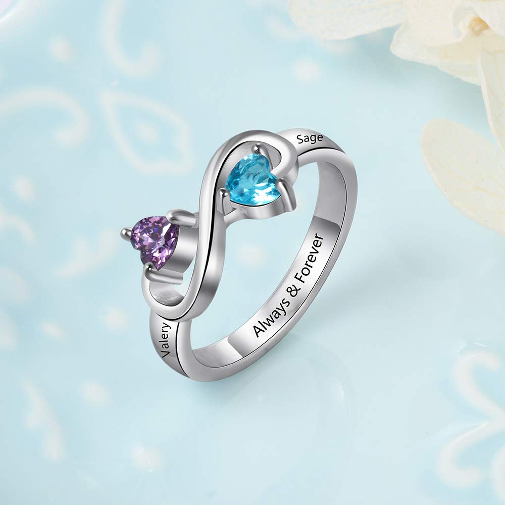 Personalized Infinity Mother's Ring with 2 Birthstones - Custom Engraved Name Promise Ring for Women, Mom & Wife - Perfect Gift for Mother's Day, Anniversary & Special Occasions