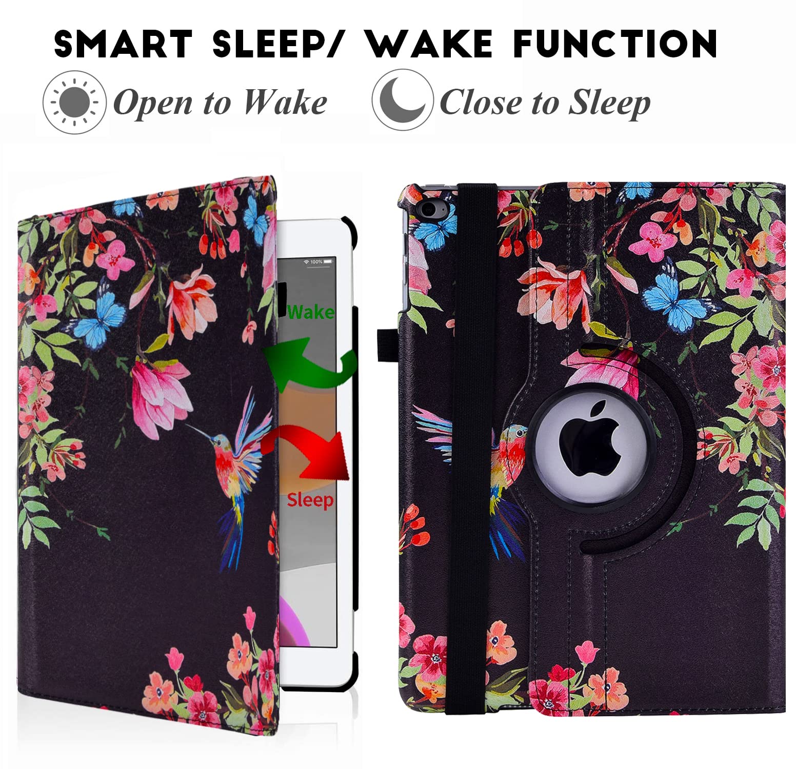 360° Rotating Protective Case for iPad 9.7 Inch (6th/5th Gen) & iPad Air 2 - Auto Sleep/Wake Stand Cover with Shock Absorption - Perfect for Work, Travel & Home Use (Black Hummingbird Design)