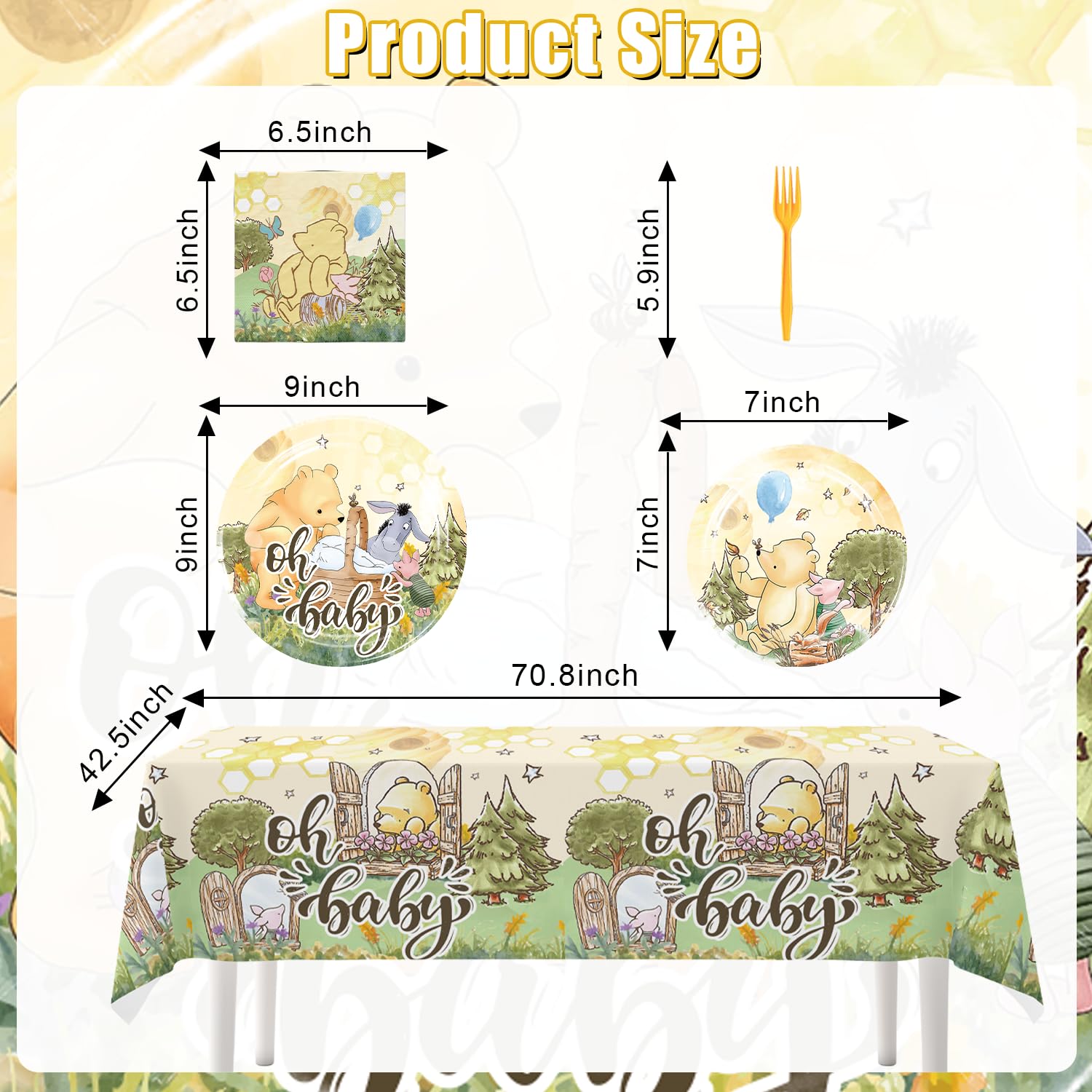 150pcs Classic Pooh Baby Shower Decorations Set - Bear-Themed Plates, Napkins & Banner for Boys & Girls - Perfect for Newborn Celebrations, Baby Showers & Nursery Decor