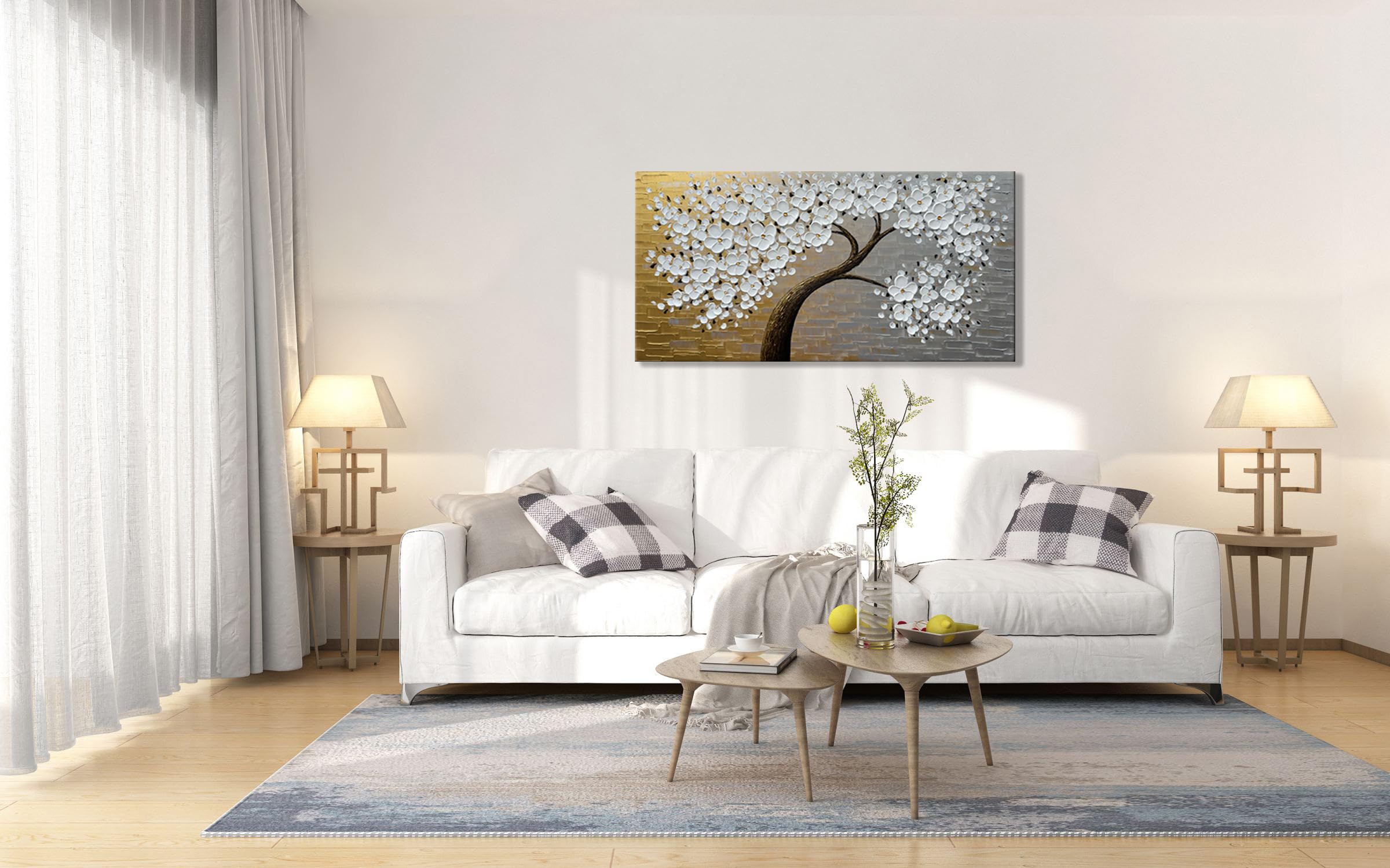 Alenoss Hand Painted 3D Floral Oil Paintings on Canvas - 48x24 Inches Abstract Modern Wall Art - Contemporary Canvas Artwork for Living Room, Bedroom & Office Decor - Ready to Hang