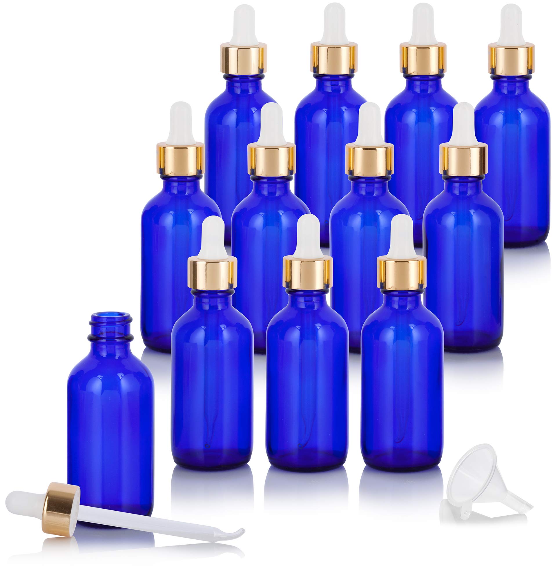 JUVITUS 12 Pack 2 oz Cobalt Blue Glass Bottles with Gold Metal Dropper & Funnel - Essential Oil Dropper Bottles, Boston Round Glass Containers for DIY Perfume, Aromatherapy, and Skincare Products