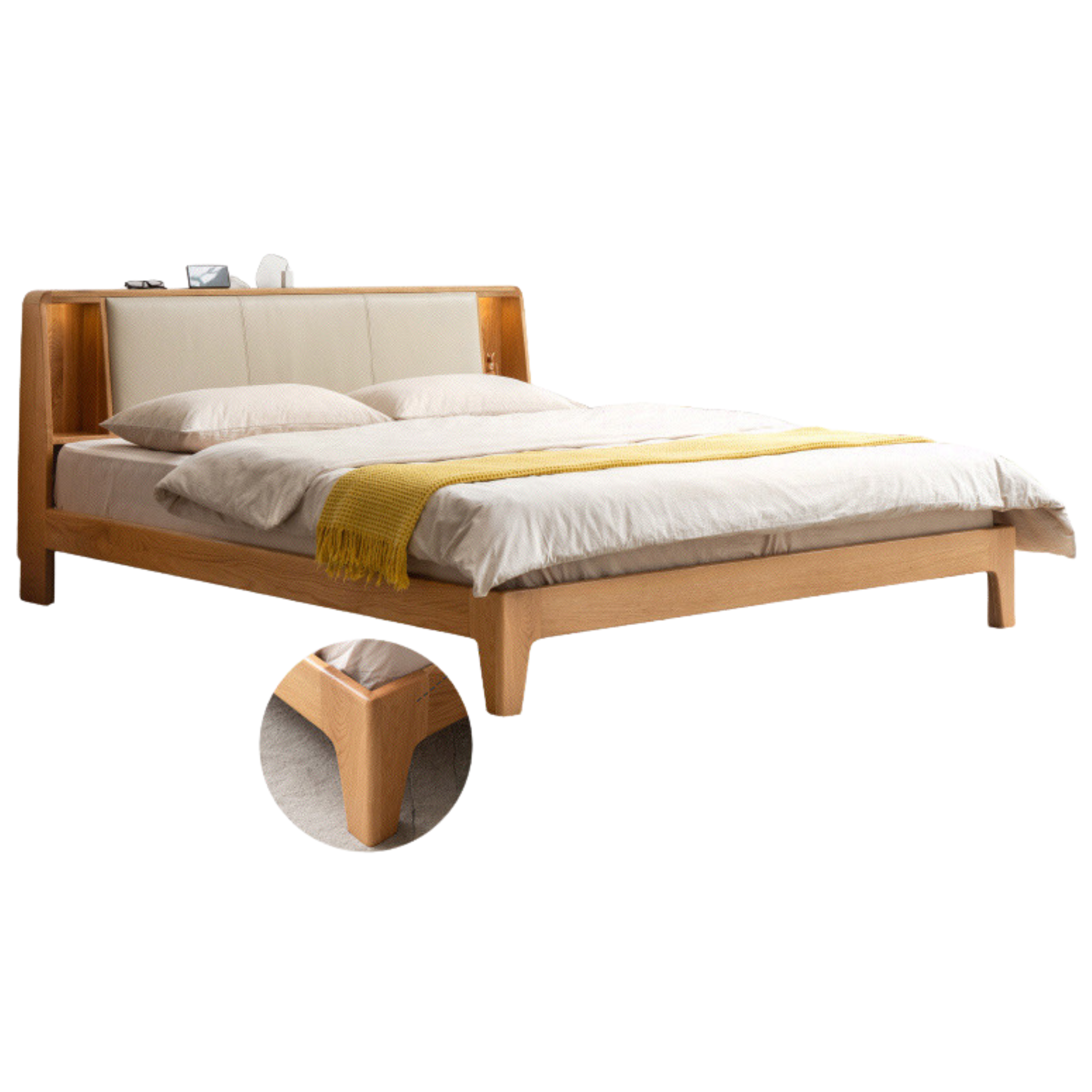 Solid Oak Wood Leather & Fabric Luminous Bed with Shelf - Modern Platform Bed Frame with Storage for Bedroom, Guest Room, or Dorm