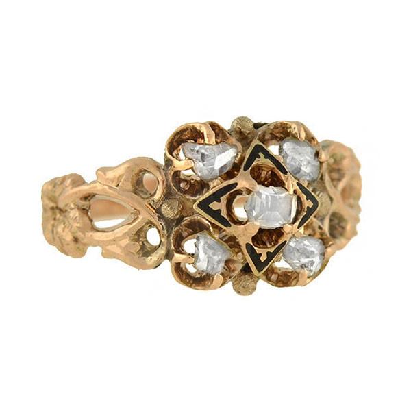 Victorian Style 14K Gold Diamond & Enamel Floral Ring - Elegant Antique Jewelry for Weddings, Anniversaries & Special Occasions