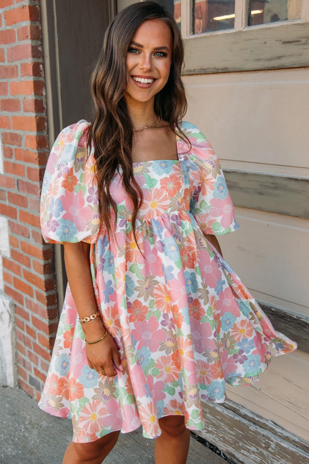 Women's Pink Floral Square Neck Puff Sleeve Babydoll Dress - Summer Casual Mini Dress for Beach, Party & Date Night