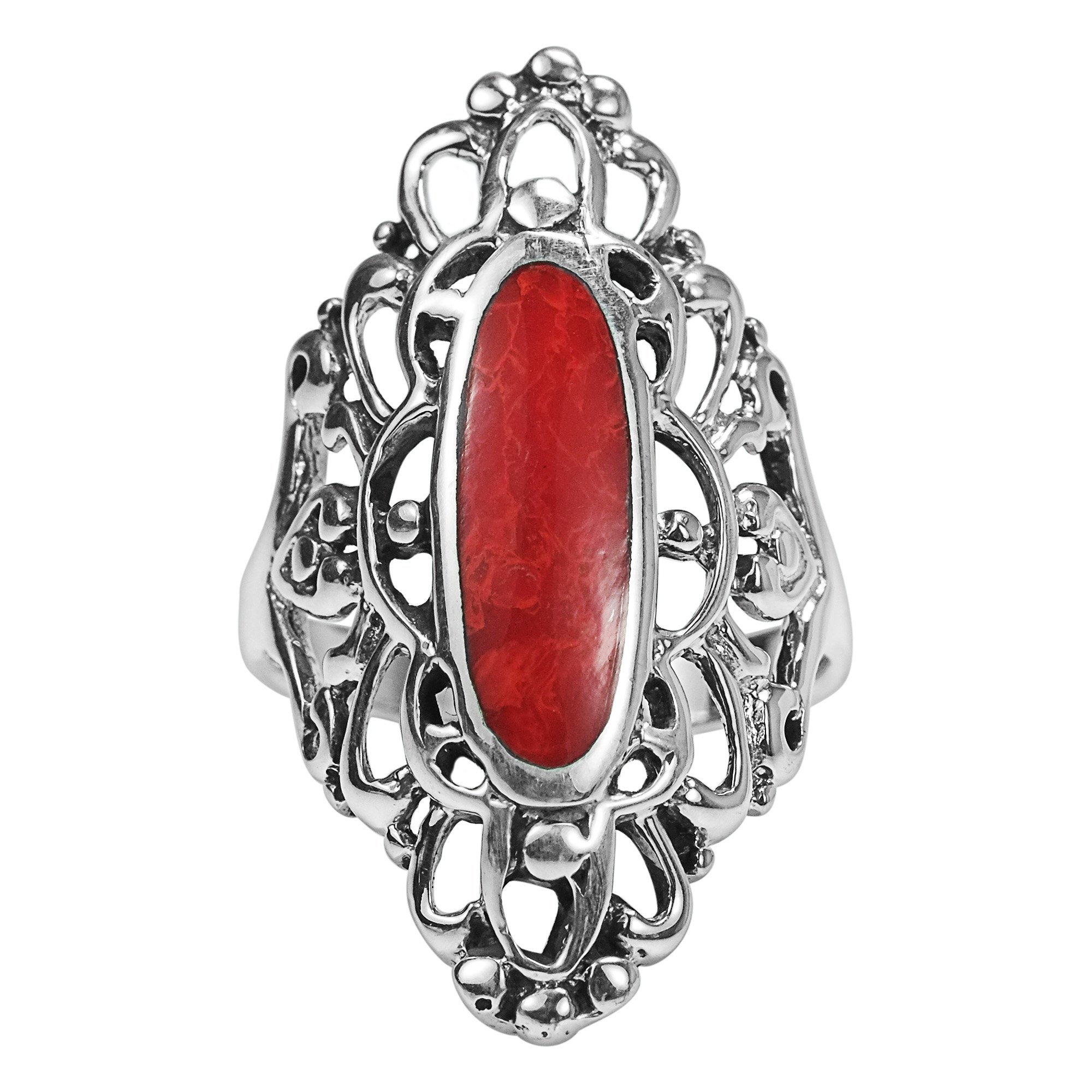 AeraVida Heart Filigree Oval Reconstructed Red Coral Inlay .925 Sterling Silver Ring for Women | Elegant Wedding, Engagement & Casual Jewelry | Comfort Fit Gift for Daughter, Wife, Mother | Perfect for Anniversaries, Birthdays & Special Occasions | Sizes 6-10