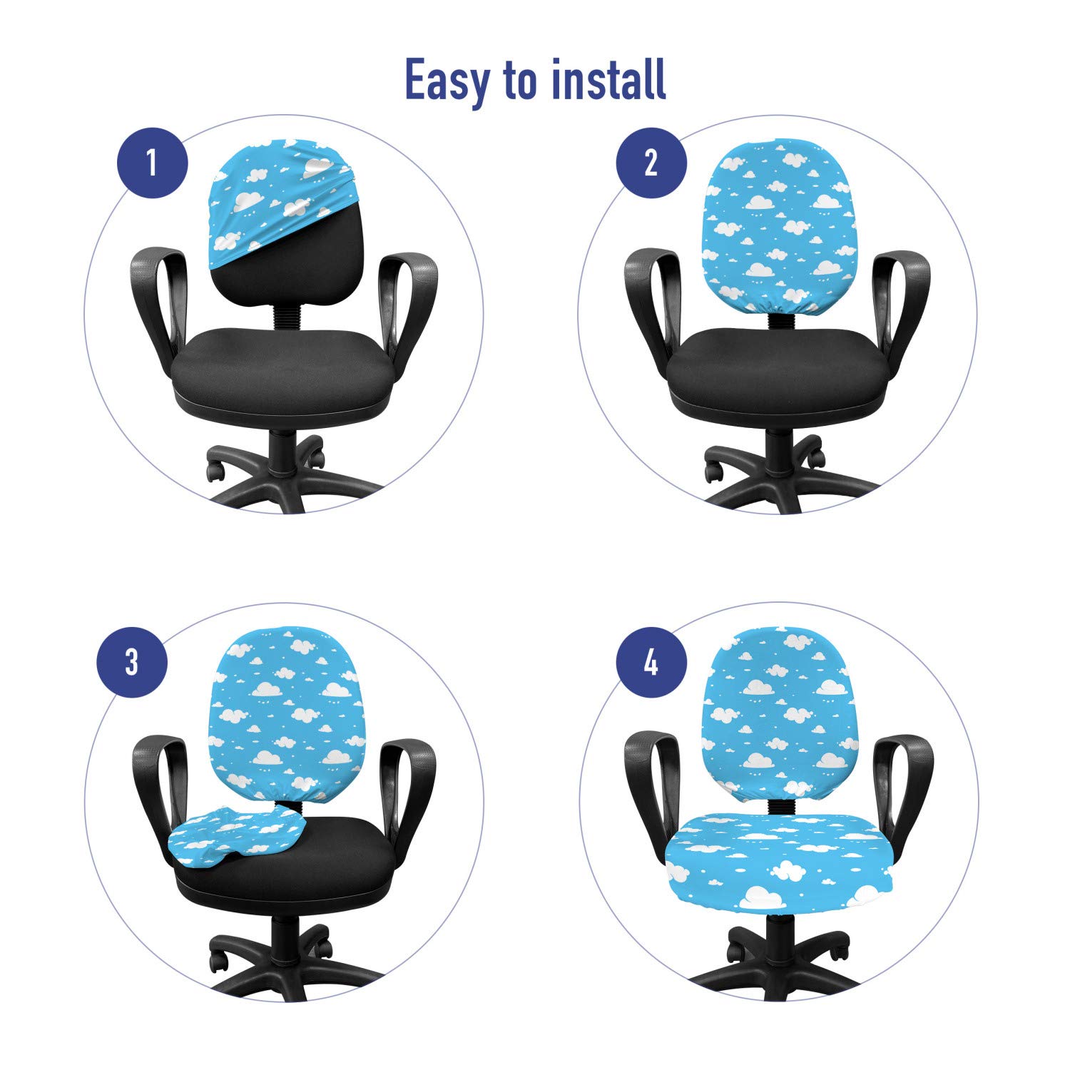 Ambesonne Sky Blue Office Chair Slipcover - Fluffy Clouds Design, Stretchable Fabric Protector for Home & Office - Cheerful Cartoon Illustration in Deep Blue & White - Perfect for Workspace Decor & Comfort