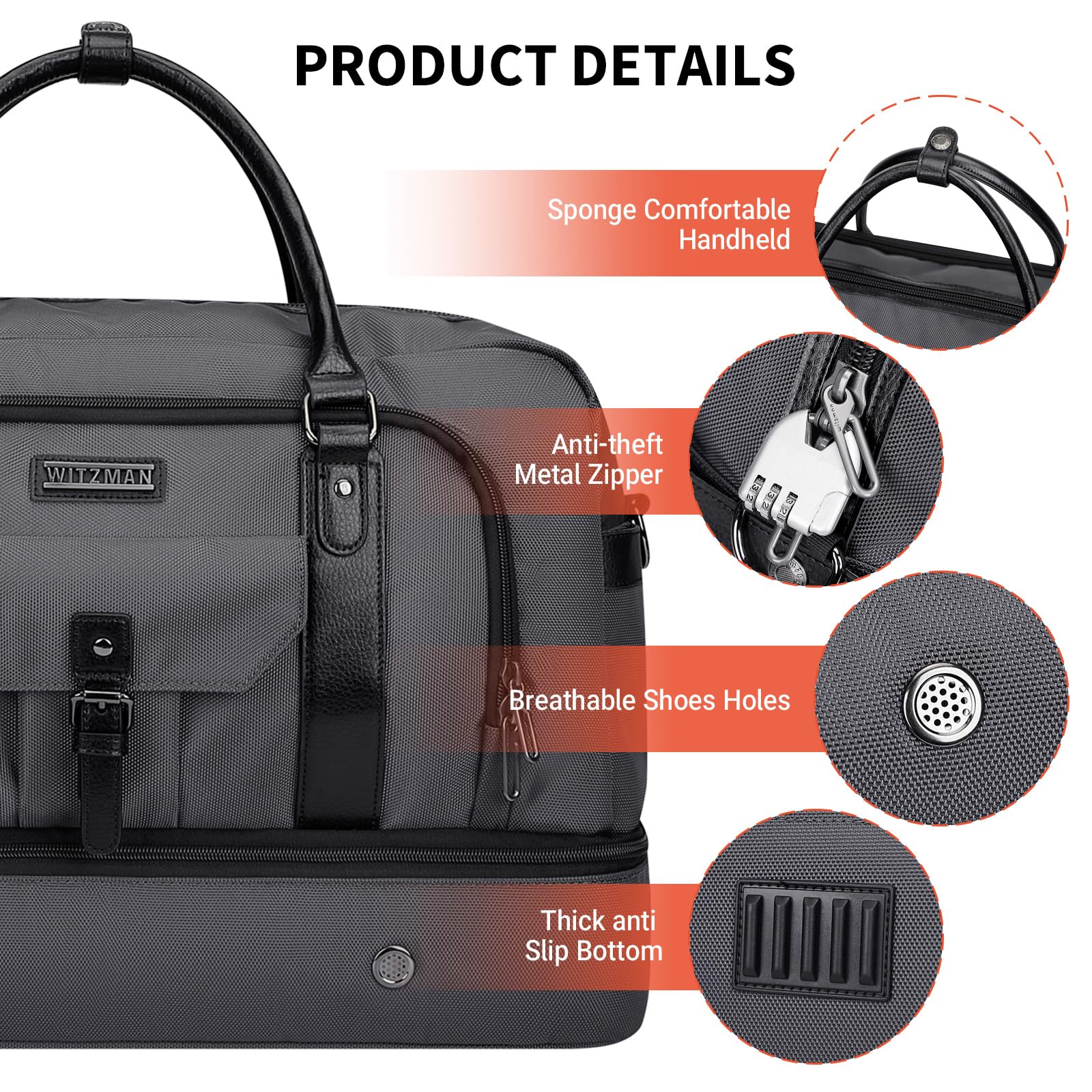 WITZMAN Weekender Travel Duffle Bag for Men & Women - Carry On Overnight Bag with Toiletry Pouch & Shoe Compartment (B694 Silvery Grey) - Perfect for Gym, Business Trips & Weekend Getaways