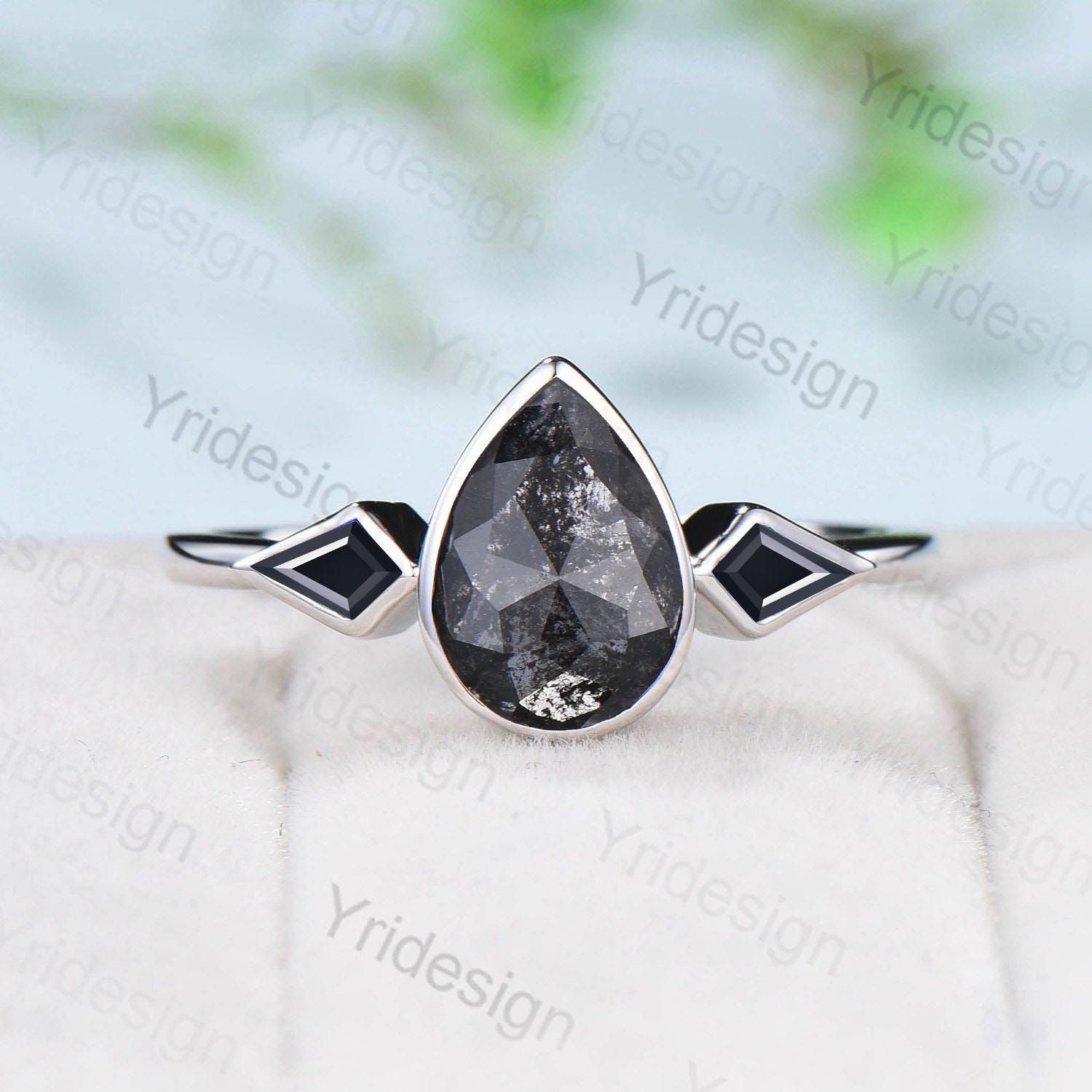 Bezel Set Salt and Pepper Diamond Engagement Ring - Pear Shaped Minimalist Kite Black Spinel Wedding Band for Women - Three Stone Anniversary Jewelry - Perfect for Proposals, Weddings & Special Occasions