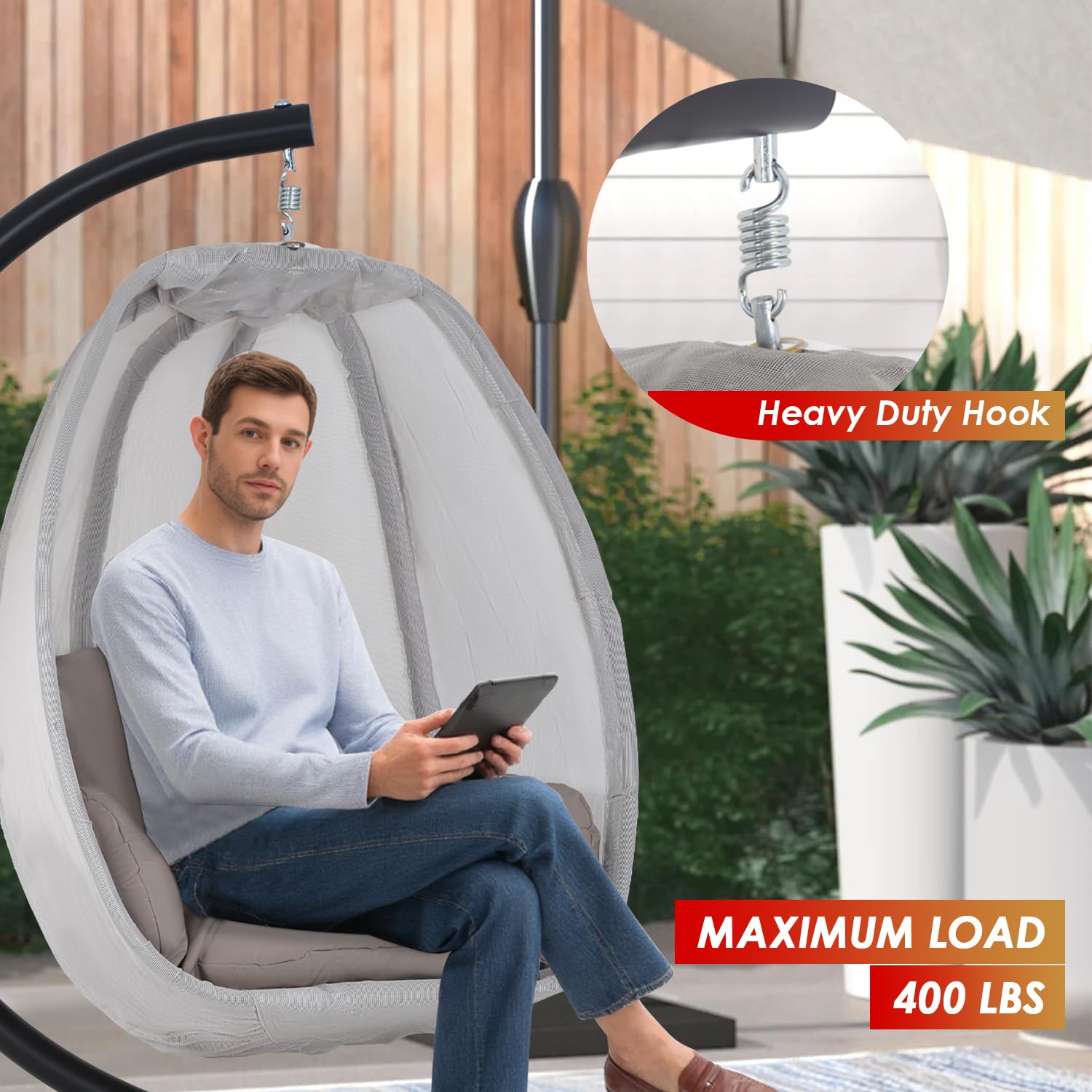 Comfy Egg Hanging Chair with Stand - Heavy Duty Indoor/Outdoor Hammock Chair with Breathable Fabric & Cushions - Perfect for Patio, Bedroom, Garden, Poolside Relaxation - Grey