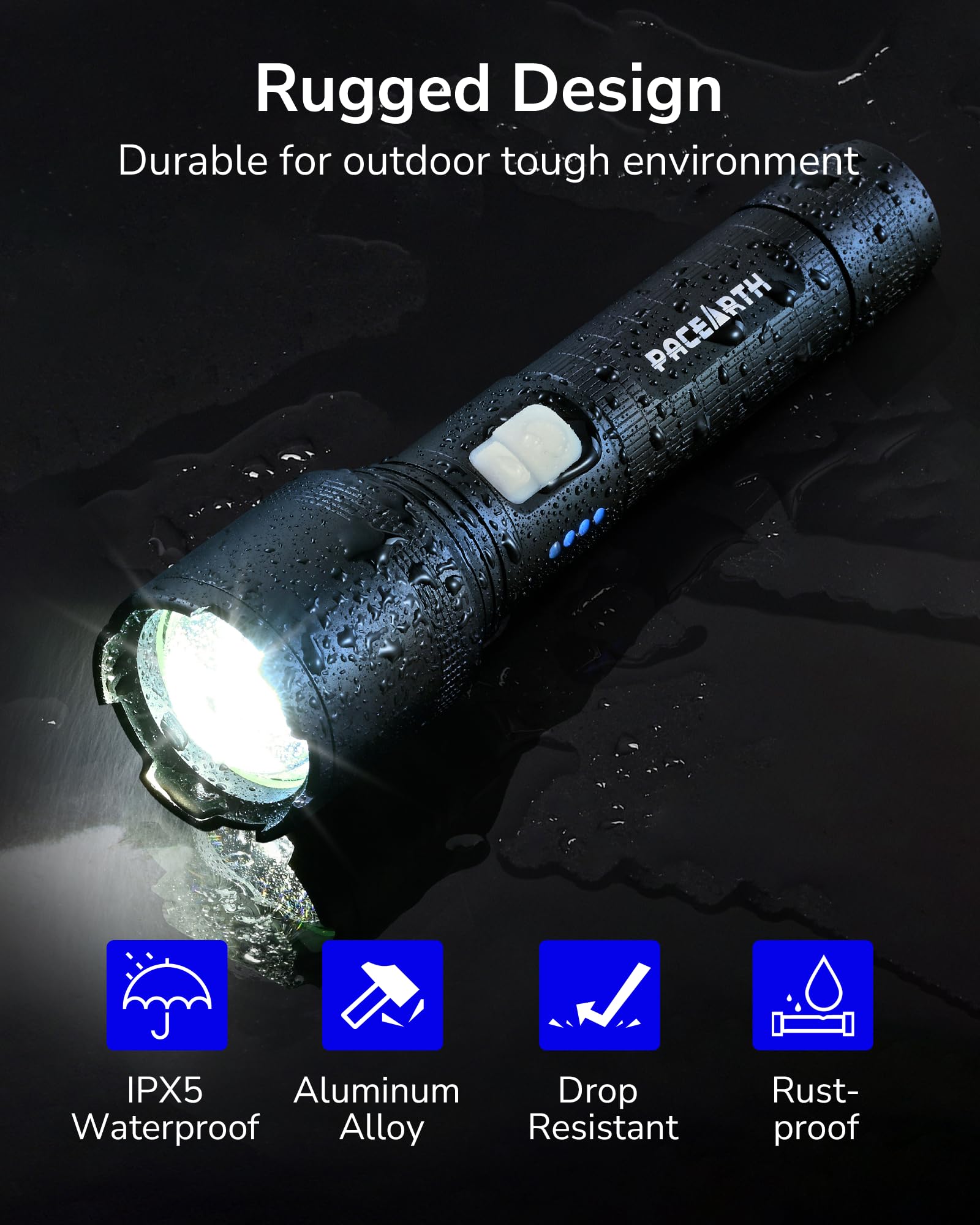 PACEARTH 2000LM Rechargeable Tactical Flashlight - High Lumens LED Flashlight with 5 Modes, Adjustable Zoom, Waterproof Design - Perfect for Camping, Hiking, Emergency & Outdoor Adventures