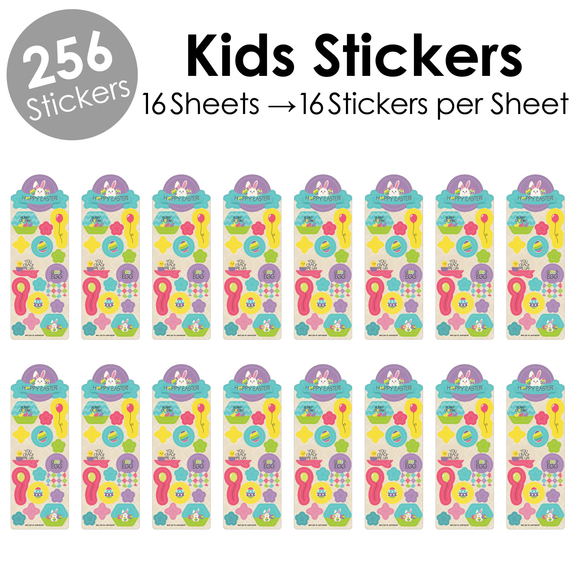 Big Dot of Happiness Hippity Hoppity Easter Bunny Stickers for Kids - 16 Sheets with 256 Adhesive Stickers - Perfect for Easter Party Favors, Classroom Rewards & Scrapbooking
