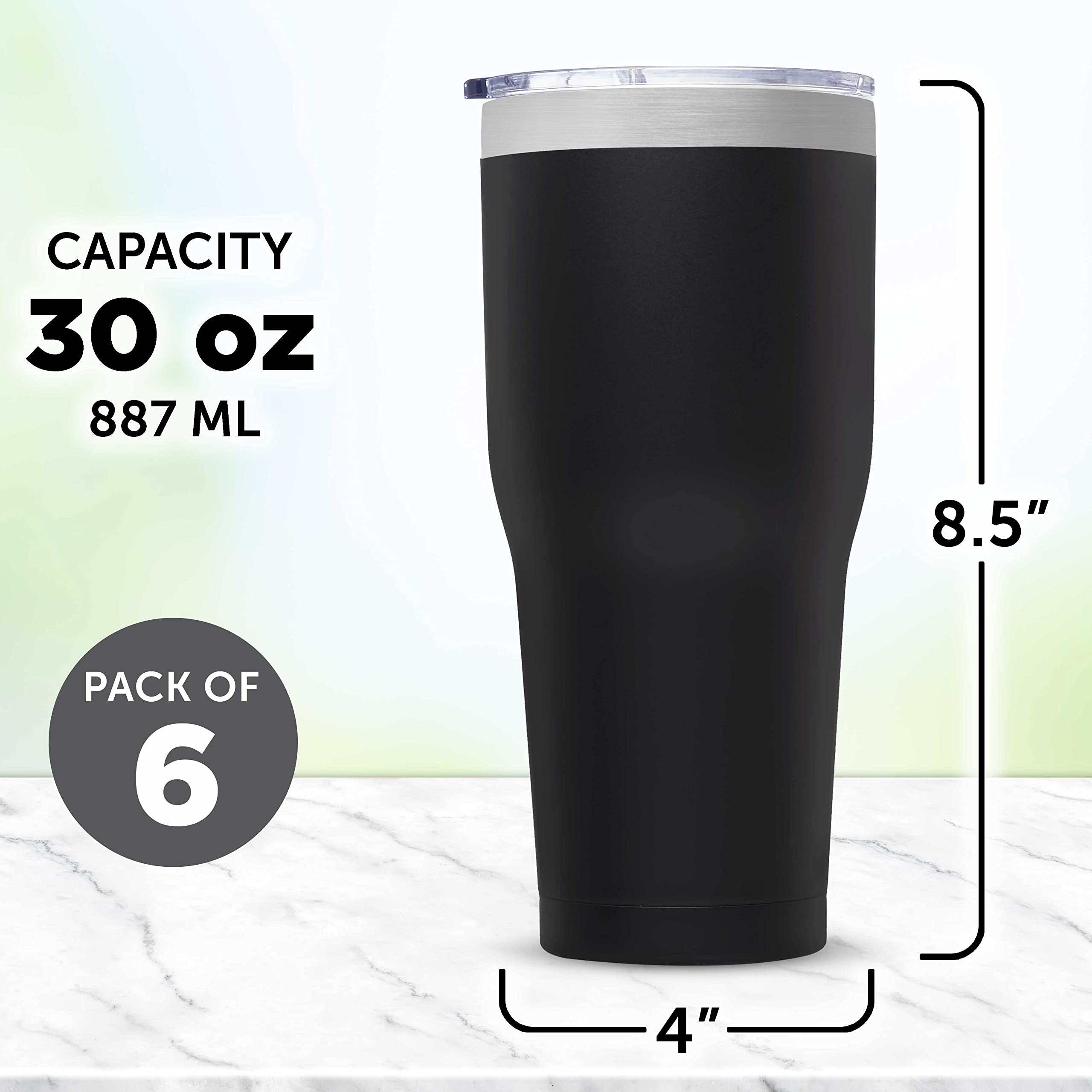 Big League Travel Tumblers 30 oz. Set of 6 - Double Wall Insulated Stainless Steel Cups for Coffee, Tea, Hot Cocoa & Cold Drinks - Bulk Pack (Black) - Perfect for Camping, Office, Gym & Outdoor Activities