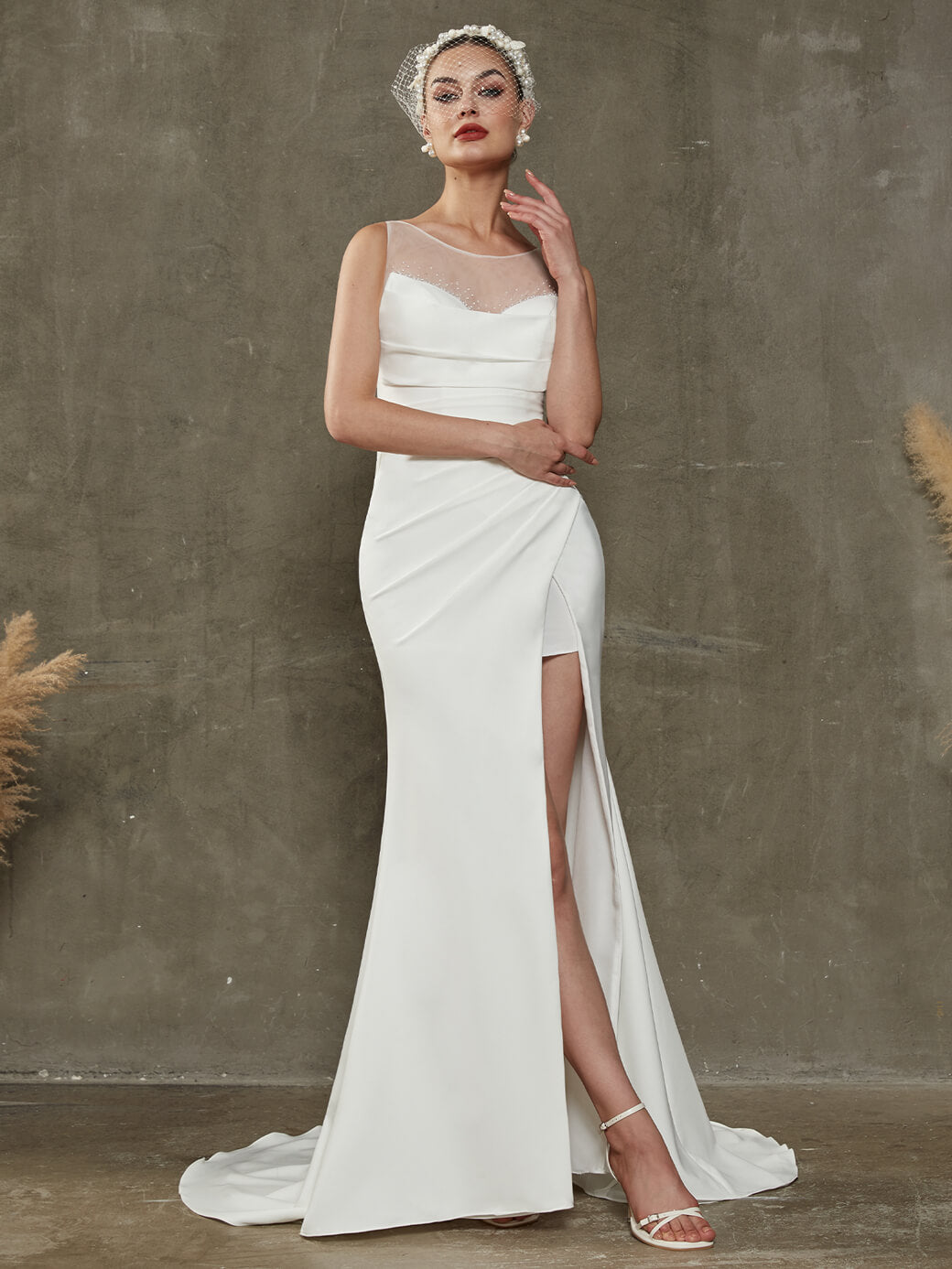 Elegant Double FDY Pleated High Slit Sheer Back Mermaid Wedding Dress with Train - Perfect for Beach, Church, and Formal Wedding Ceremonies