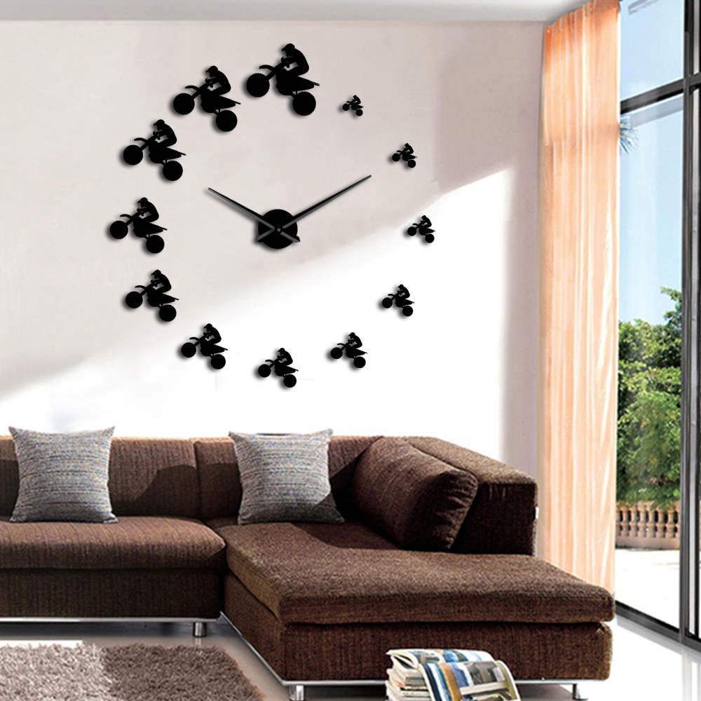 DIY Giant Frameless Wall Clock for Dirt Bike & Motorcycle Lovers - Extreme Sports Themed Large Wall Decor for Man Cave, Garage, or Bedroom (Black)