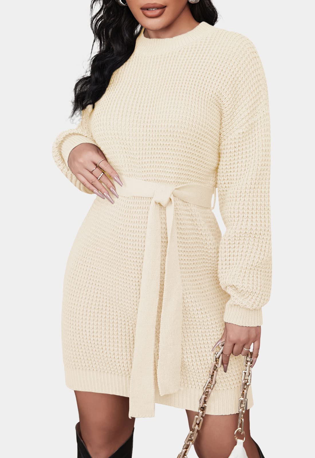 ZESICA Women's Long Sleeve Waffle Knit Tie Waist Tunic Sweater Dress - Fall Winter Pullover Casual Outfit for Work, Date & Holiday Season